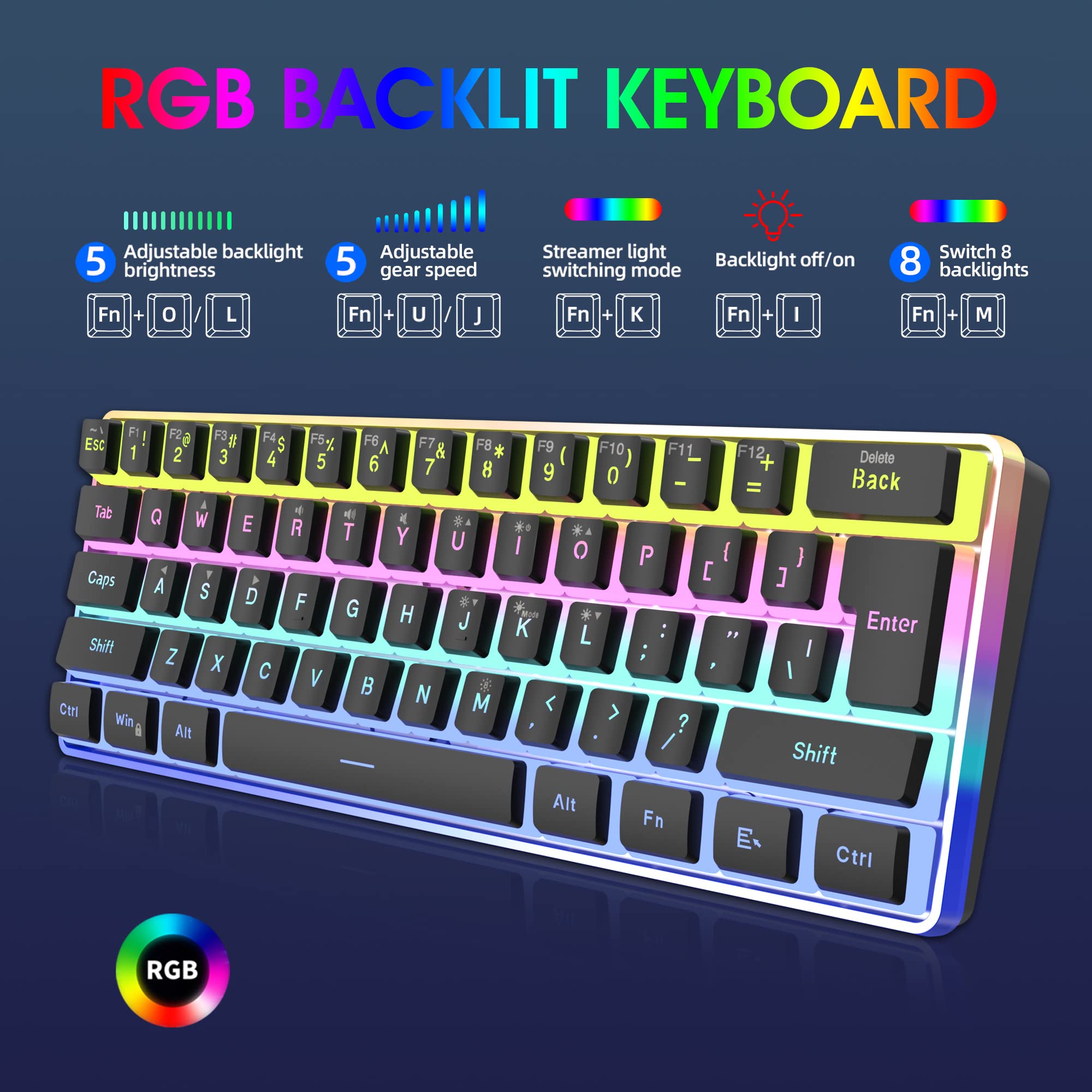 Snpurdiri 60% Wired Gaming Keyboard, 61 Keys Pudding Keycaps RGB(Black) view 3