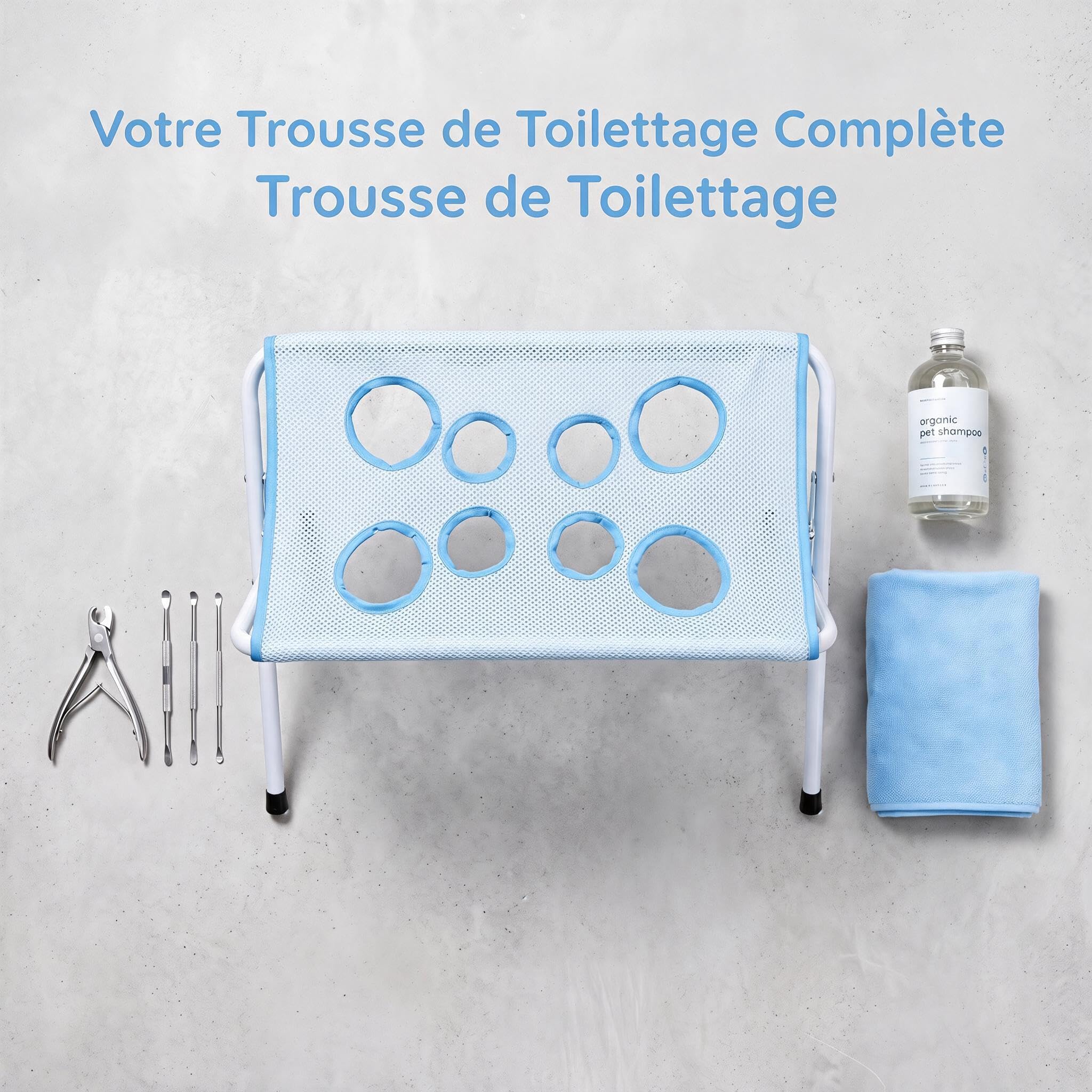 Table de Toilettage pour Chien et Chat, Table de Soin Pliable avec Tissu en Maille Respirant, 8 Ouvertures pour Les Pattes, Structure en Acier,pour Petits Animaux(Bleu)