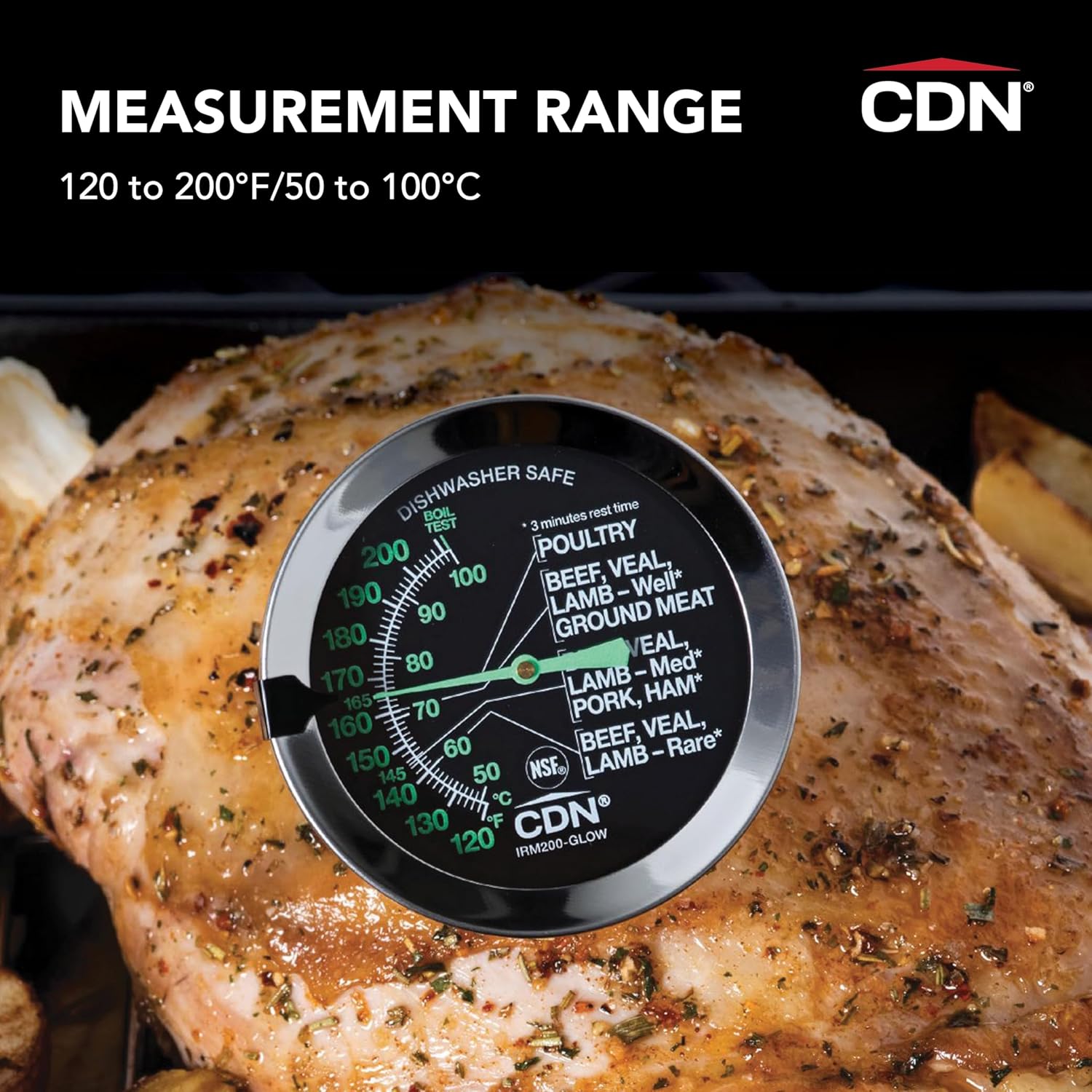 CDN ProAccurate IRM200-GLOW thermometer inserted into a roasting turkey, showing the measurement range of 120 to 200°F / 50 to 100°C.