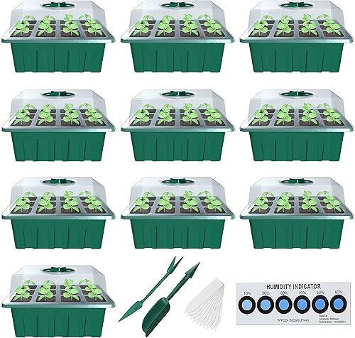 's Paquete de 10 bandejas de iniciación de semillas kit de inicio de semillas de 12 celdas (total 120 células) con cúpula de humedad y herramientas