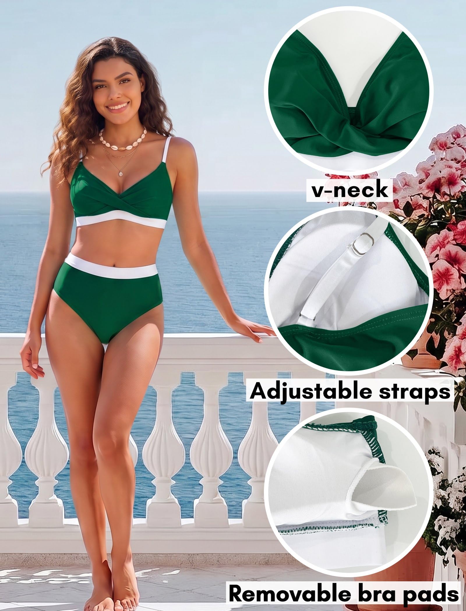 YNIQUE Damski dwuczęściowy strój kąpielowy bikini, dekolt w serek, wysoki stan, wyściełany push-up, seksowny i wygodny na lato