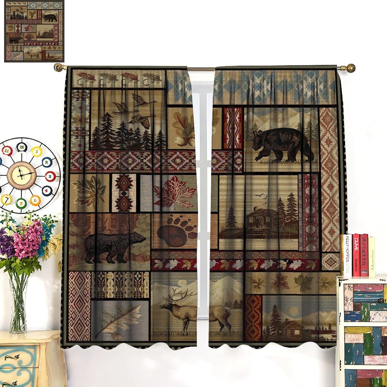 Vintage Western Cabin Lodge Curtains - Retro Rustic Farmhouse Country Wildlife Bear Deer Leaves Thermal Insulated Blackout Curtains - Rod Pocket Window Treatment Drapes for Bedroom 2 Panels 45L x 21W