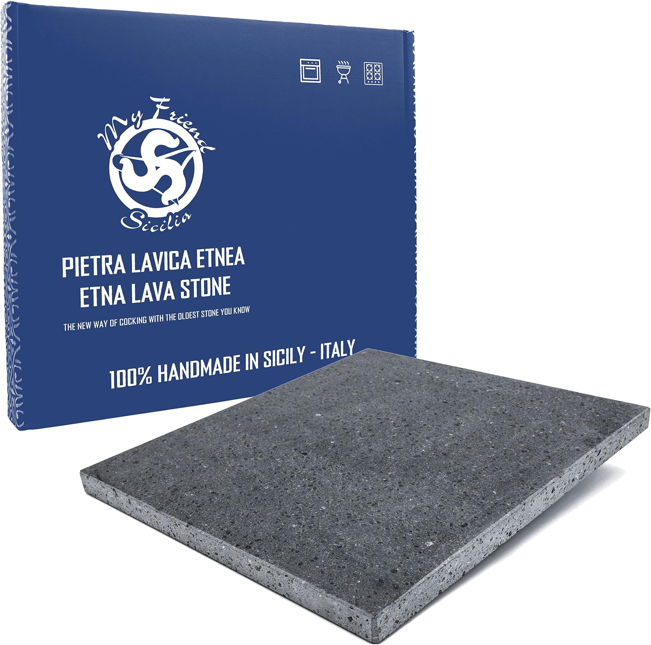 My Friend Sicilia Etna Lava Stone Rectangular Plate, 39x35 cm, Ideal for Meat, Fish, and Pizza, Non-Toxic, Non-Stick, Natural Heat Retention, Hand Wash