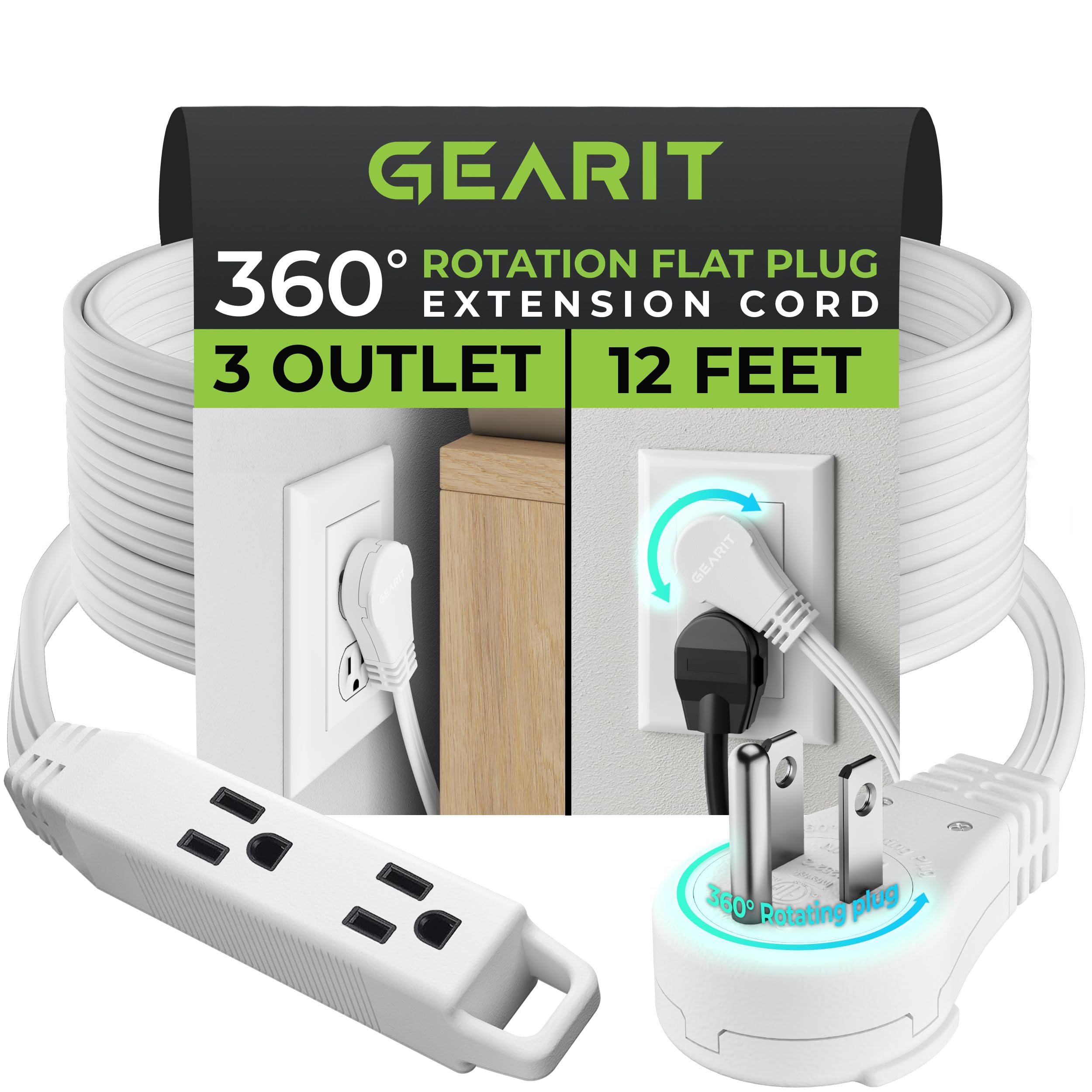 Amazon.com: GEARit 360 Rotating Flat Plug Extension Cord (12ft, White ...