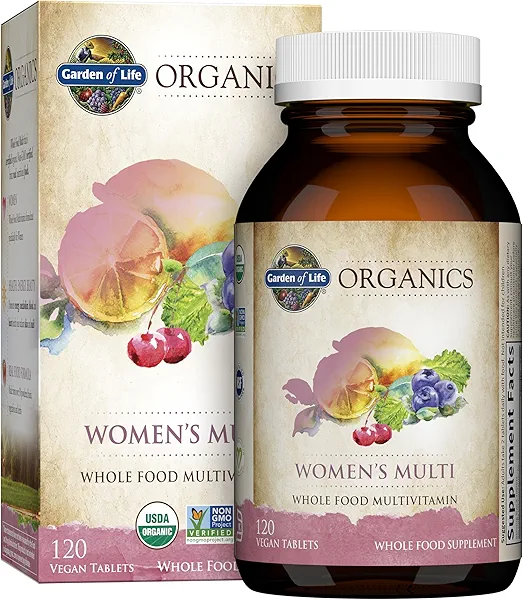 Garden of Life Organics Multivitamin for Women, Womens Multi with Vitamin C, D, Folate, B6, B12, Biotin, Iron, Vegan Whole Food Vitamins for Women, Energy, Skin, Nails, 120 Tablets 120 Count