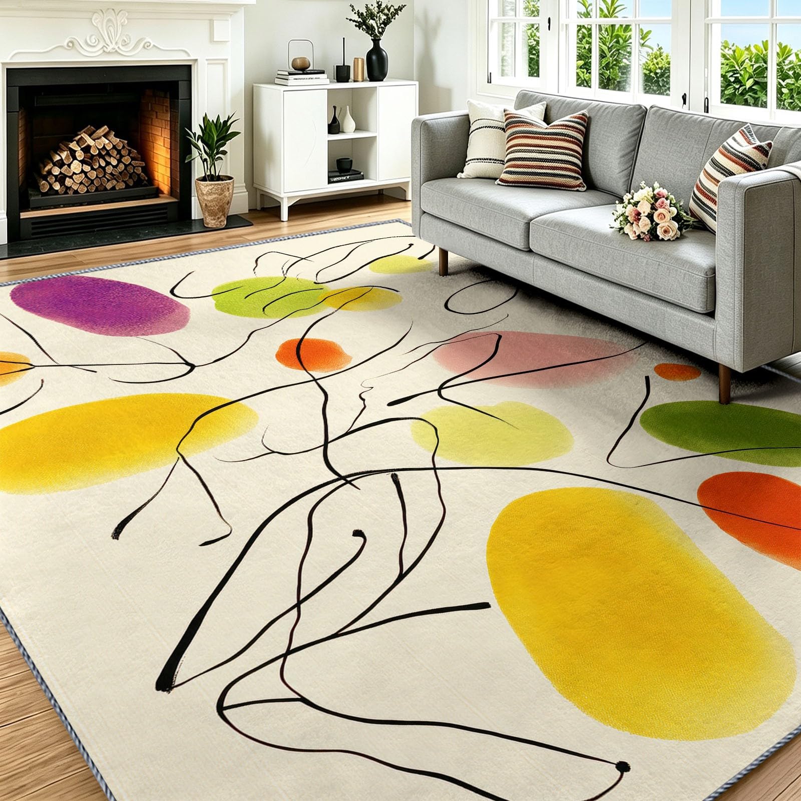 Générique Tapis Salon 80 x 150 cm Formes Organiques Géométrique, Tapis Style Artiste Moderniste, Lavable Antidérapant, Decoration Chambre Maison, Poil Ras, Doux, Crème