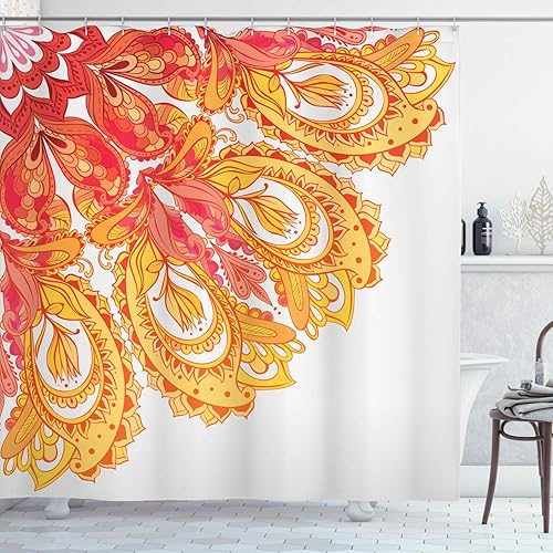 Miniatura 71 de Ambesonne Cortina de ducha hawaiana, diseño de hibisco hawaiano tropical, silueta de niña, tabla de surf, impresión de arte retro, juego de Fucsia