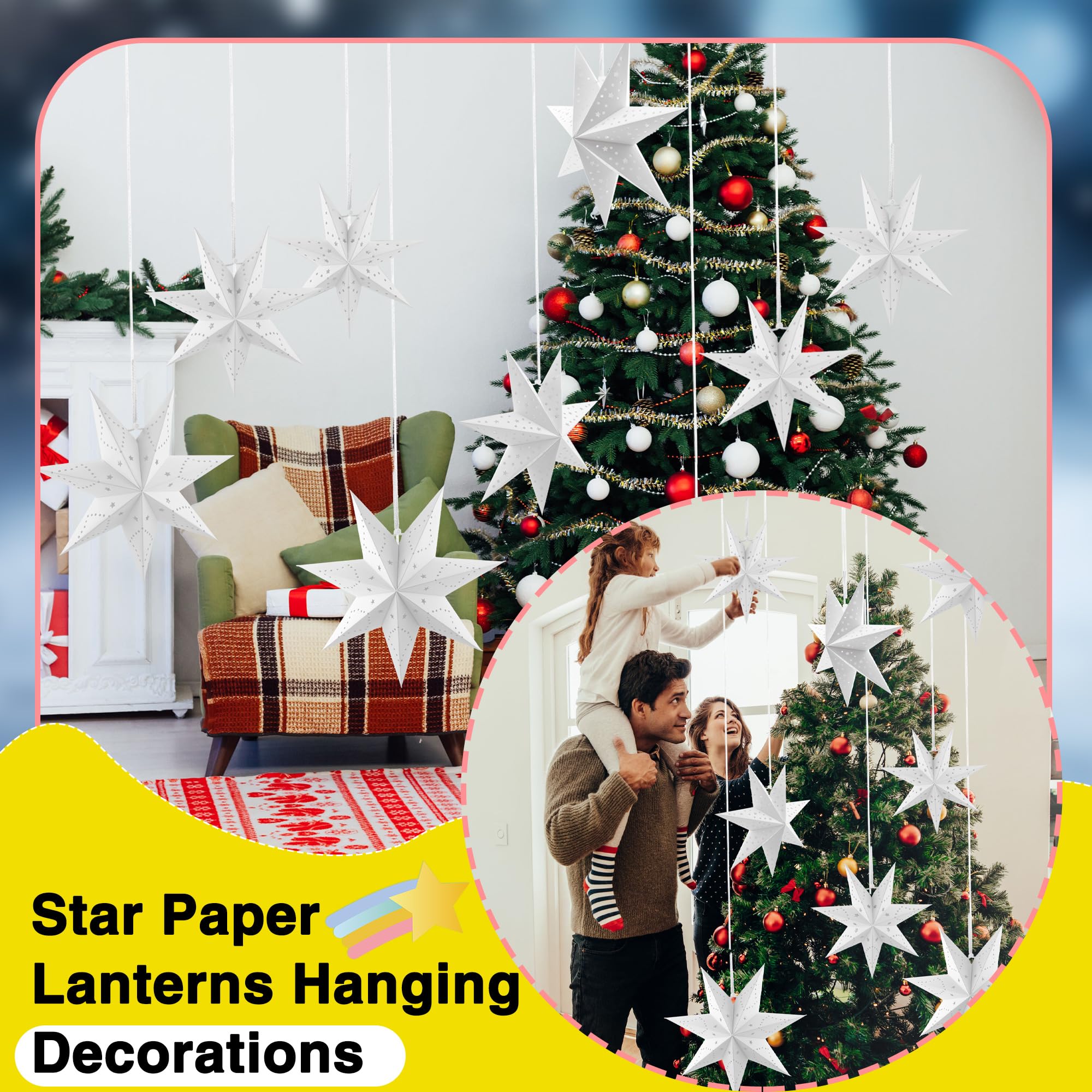 Confezione da 16 stelle di carta 3D a forma di stella di carta 3D, a 7 punte, bianche, da appendere, paralumi per Natale, matrimoni, feste di compleanno, decorazioni per la casa, 4 dimensioni