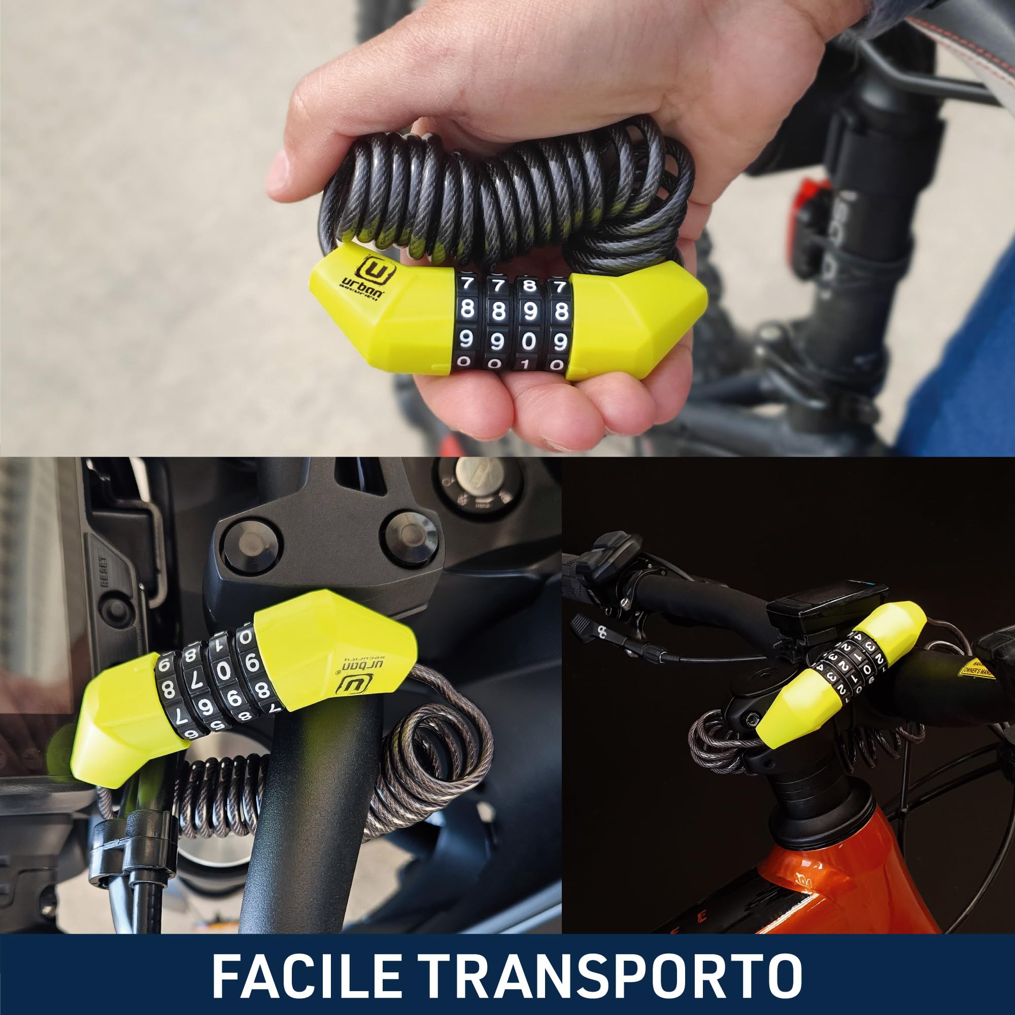 URBAN UR446 Antifurto Casco Moto Lucchetto con Codice Cavo Blocco Bicicletta Caschi Catena Bici Acciaio Rullo Cavetto Combinazione Codice Ø4, 150cm Leggero Mini Monopattino Lucchetti Tsa Bagaglio