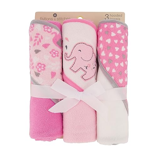 Miniatura 2 de Cudlie Buttons & Stitches Toallas con capucha para bebé niña, paquete de 3 en estampado de elefante floreciente, enrolladasacartonadas, GS71729