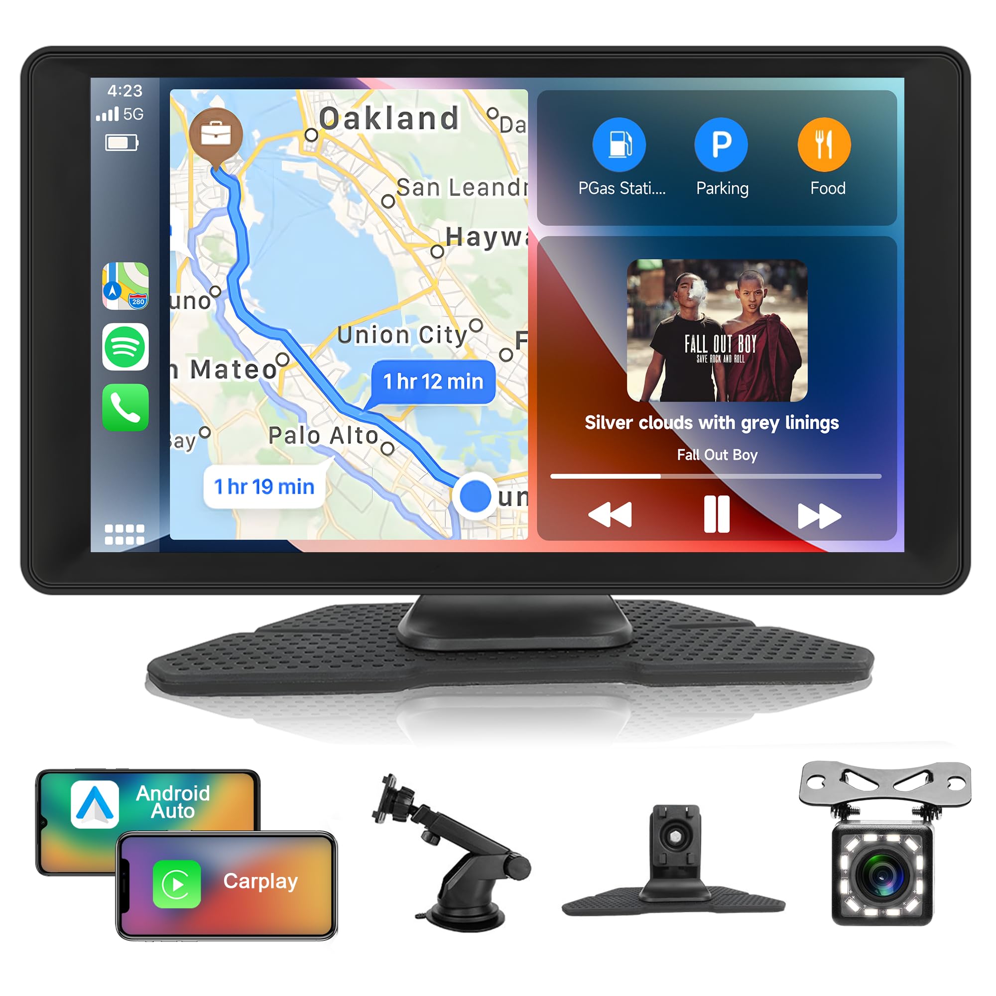 Portable Car Stereo with Wireless Carplay Android Auto with Backup Camera, 9 Inch Touchscreen, Bluetooth, FM Transmission, EQ, Video, Tpye-C, AUX, for Cars, Trucks, and SUVs