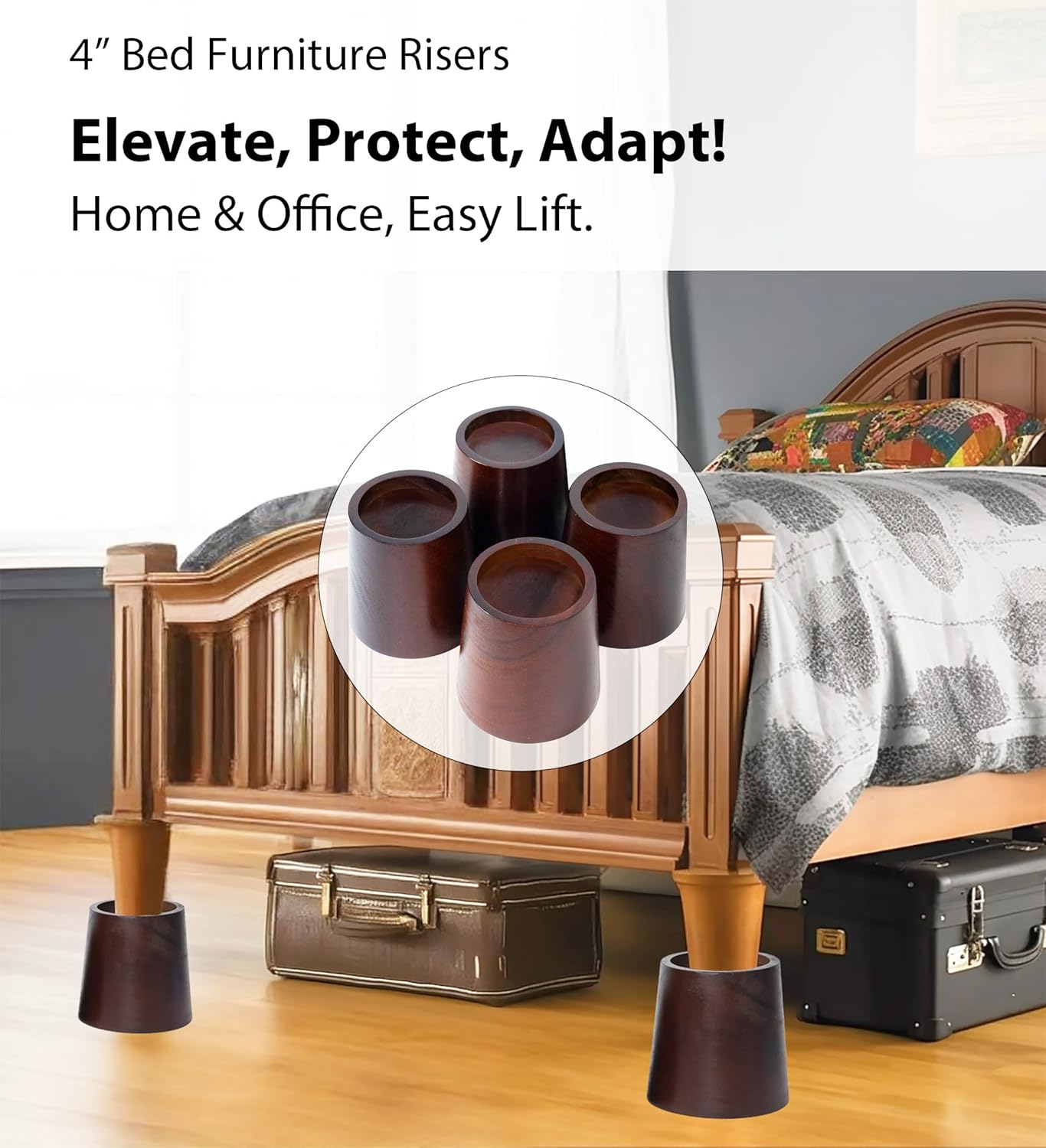 Bed Risers 4 Inch, Premium Pine Wood Furniture Risers - Sturdy 4-Inch Lifts for Heavy-Duty Support and Enhanced Decor (Dark Brown, 4 Inch)