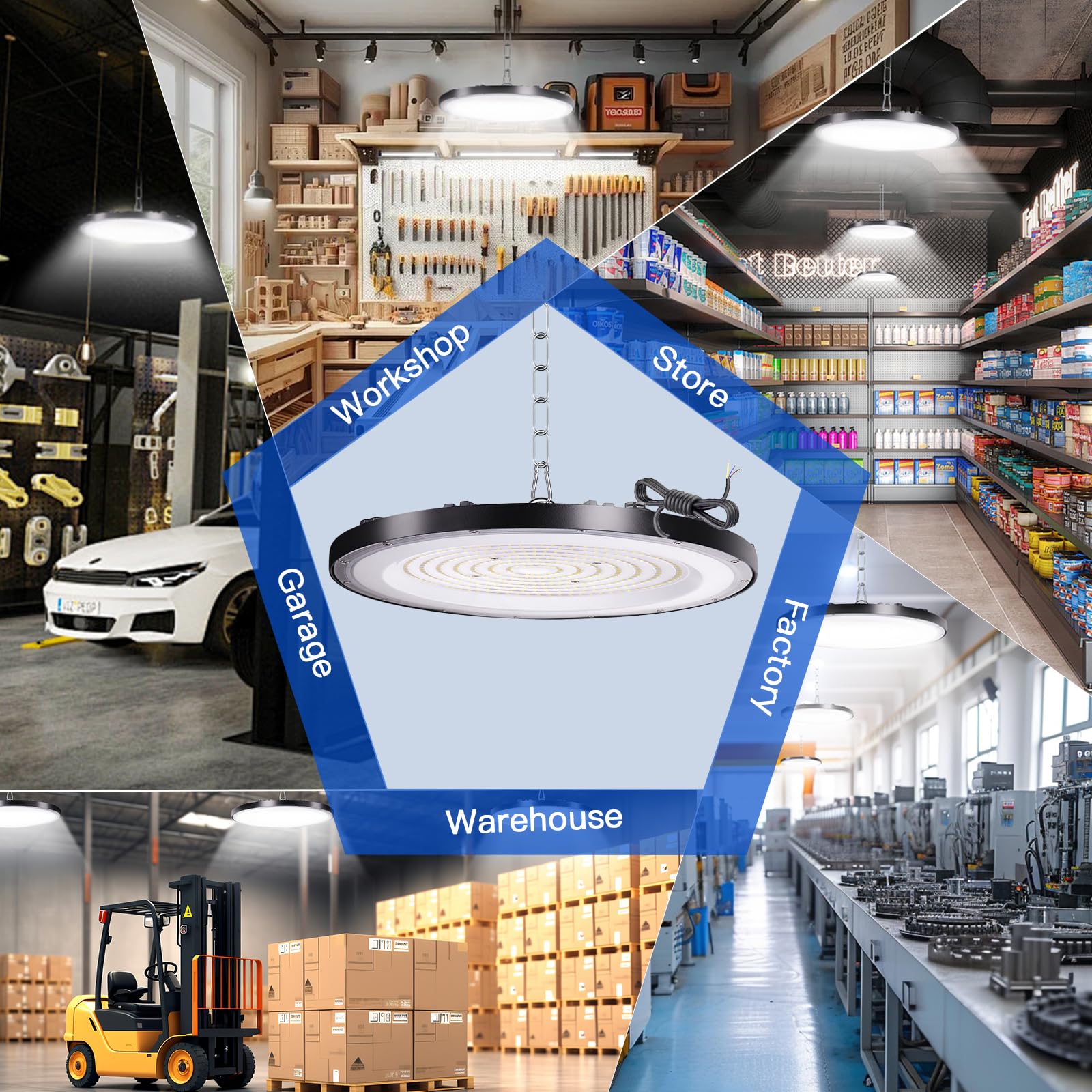 300 W UFO LED High Bay Light, 6000 K zimna biel UFO lampa warsztatowa LED, reflektor halowy 30 000 lm, wodoszczelność IP65, lampa przemysłowa High Bay do fabryk, garażu, magazynu