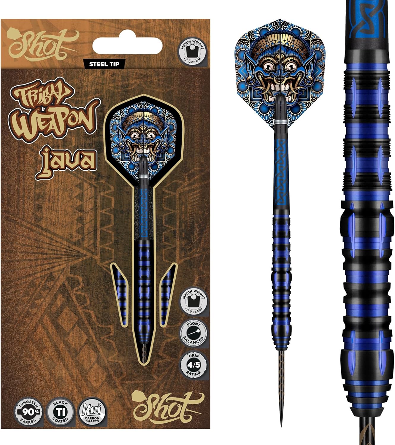 Shot! Darts Tribal Weapon Java Steel Tip Dart Set-90% Tungsten Barrels, Professional – Made in New Zealand – Designed Dart Flights for Women & Men – Metal Tip Bar Darts for Adults