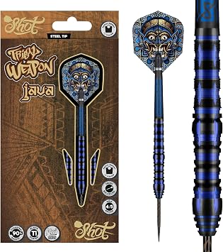 Shot! | Tribal Weapon Darts | Steel Tip Darts Set | 90% Tungsten | Java | Front Weighted | Professional Darts | Metal Tip Darts for Bristle Dartboard | Available in Multiple Weights 23, Grams