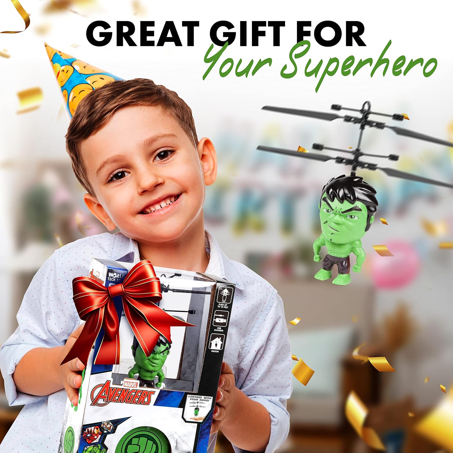 World Tech Toys The Hulk Infrared Flight UFO Big Head Helicopter | Official Marvel Licensed Product | Infrared Motion Sensor Controlled | for Kids Ages 6-12