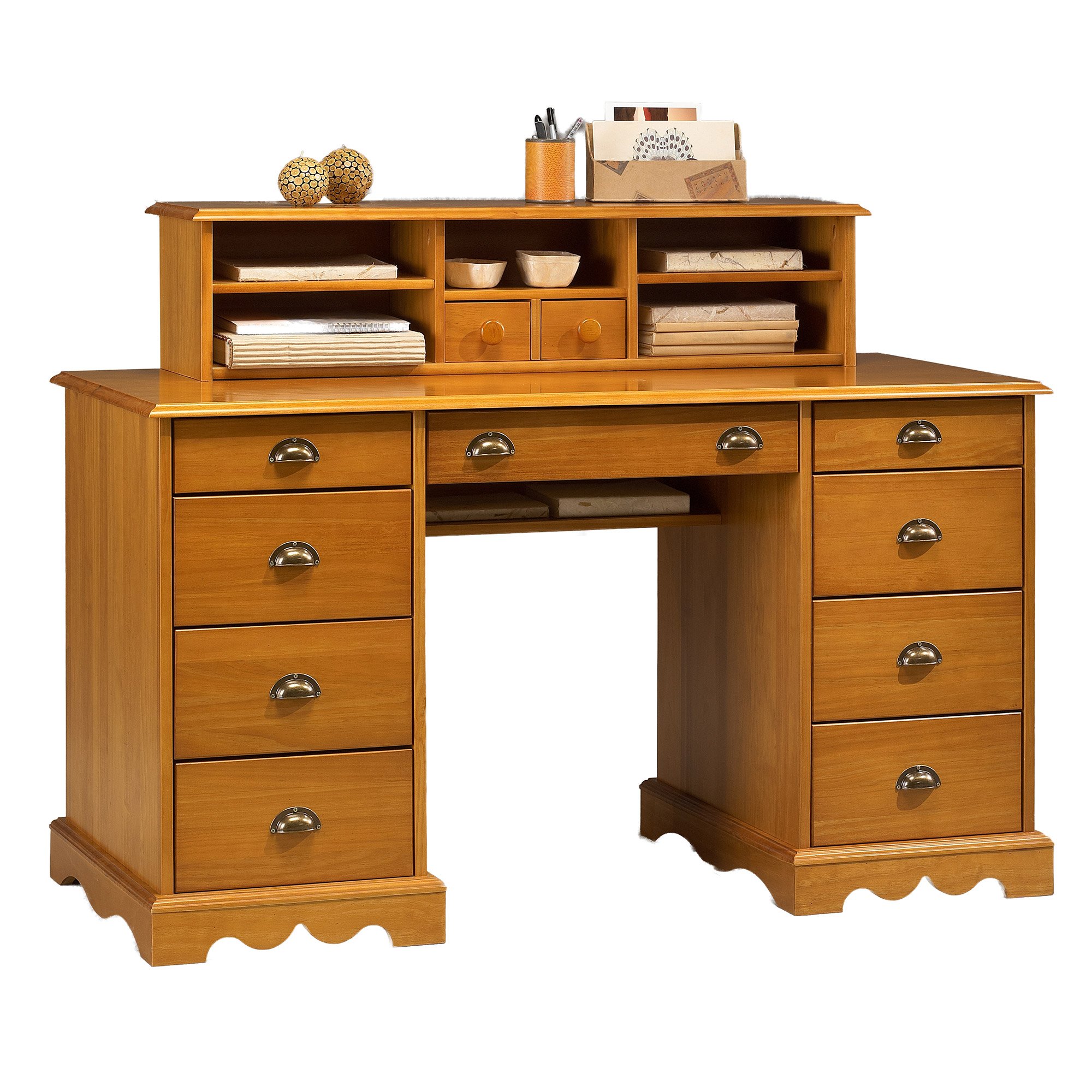 Générique Bureau Ministre Pin Miel Style Anglais 11 Tiroirs 5 Niches L 137.5 H 99.7 P 58.3 cm