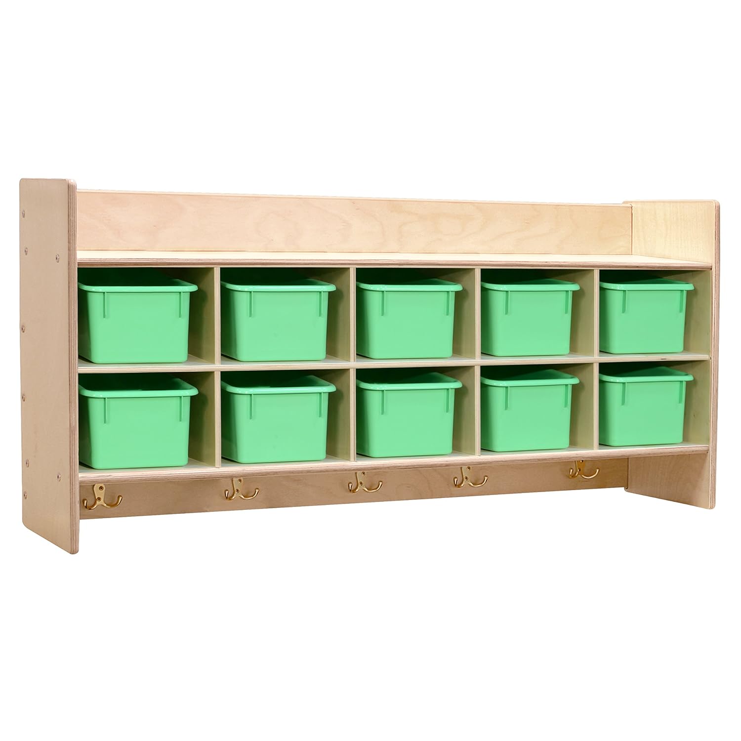 Contender 10-Section Wood Cubbies Storage with Plastic Bins, Wall Hanging Organizers with Hooks for Toys, Games, Craft Supplies, Greenguard Gold Certified