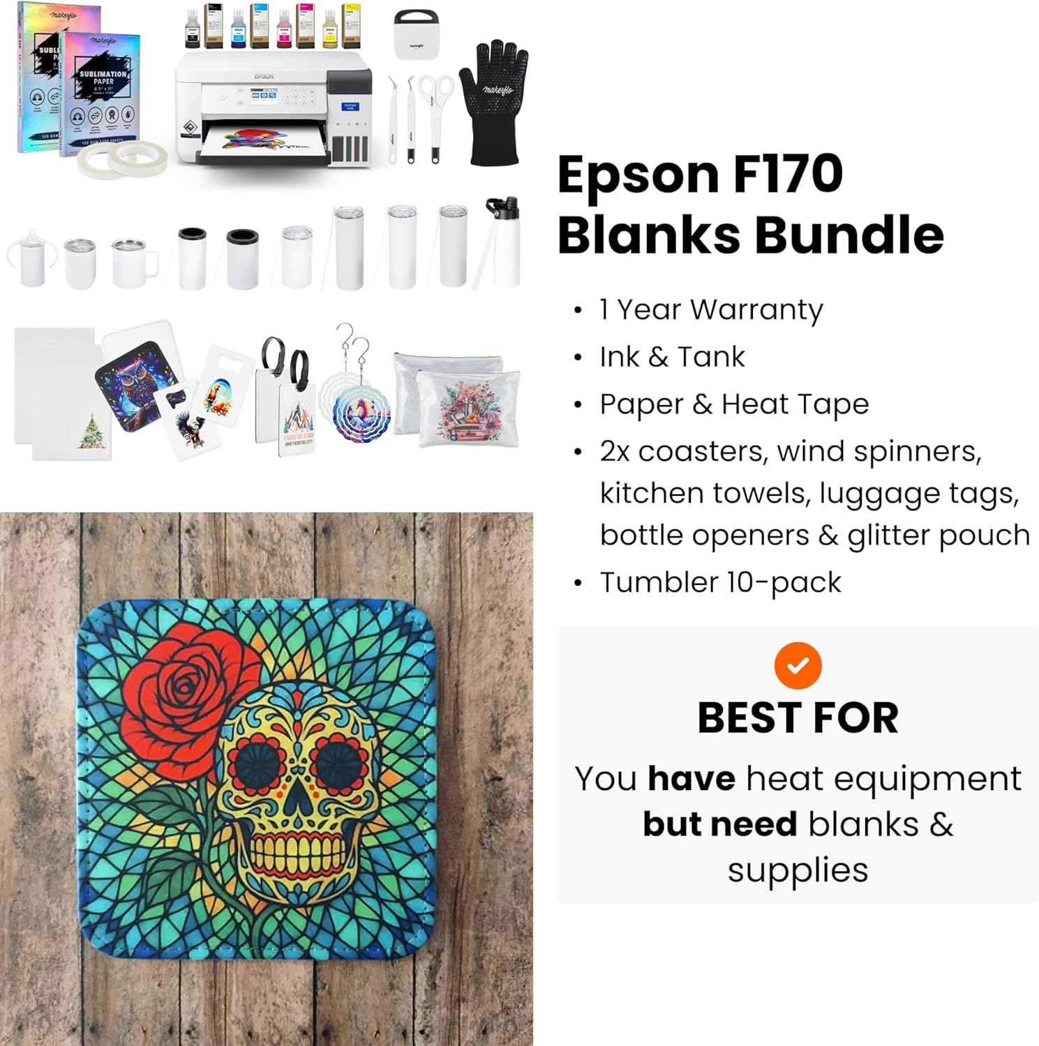 Epson Surecolor F170 Sublimation Blank Bundle – Printer with CMYK Ink Set, Tumbler & Flat Blanks Starter Kit, Sublimation Paper, Heat Tape & Design Pack – Perfect for Beginners & Small Business