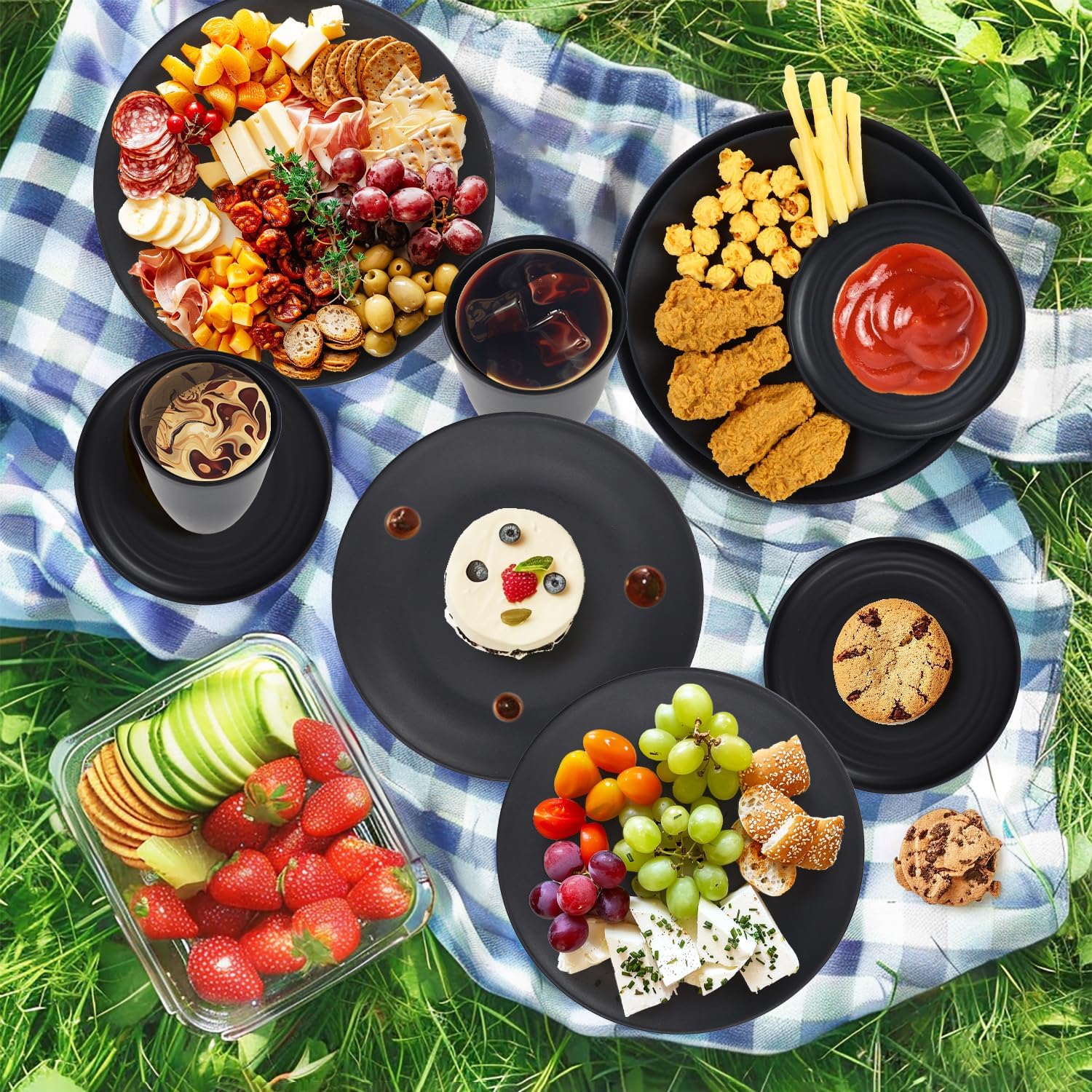 Wrova Wheat Straw Dinnerware Set of 40 Pieces - 10" & 9" Plates, 6" Snack Plates, 26oz & 12oz Bowls & Cups - Unbreakable, Microwave & Dishwasher Safe - Black