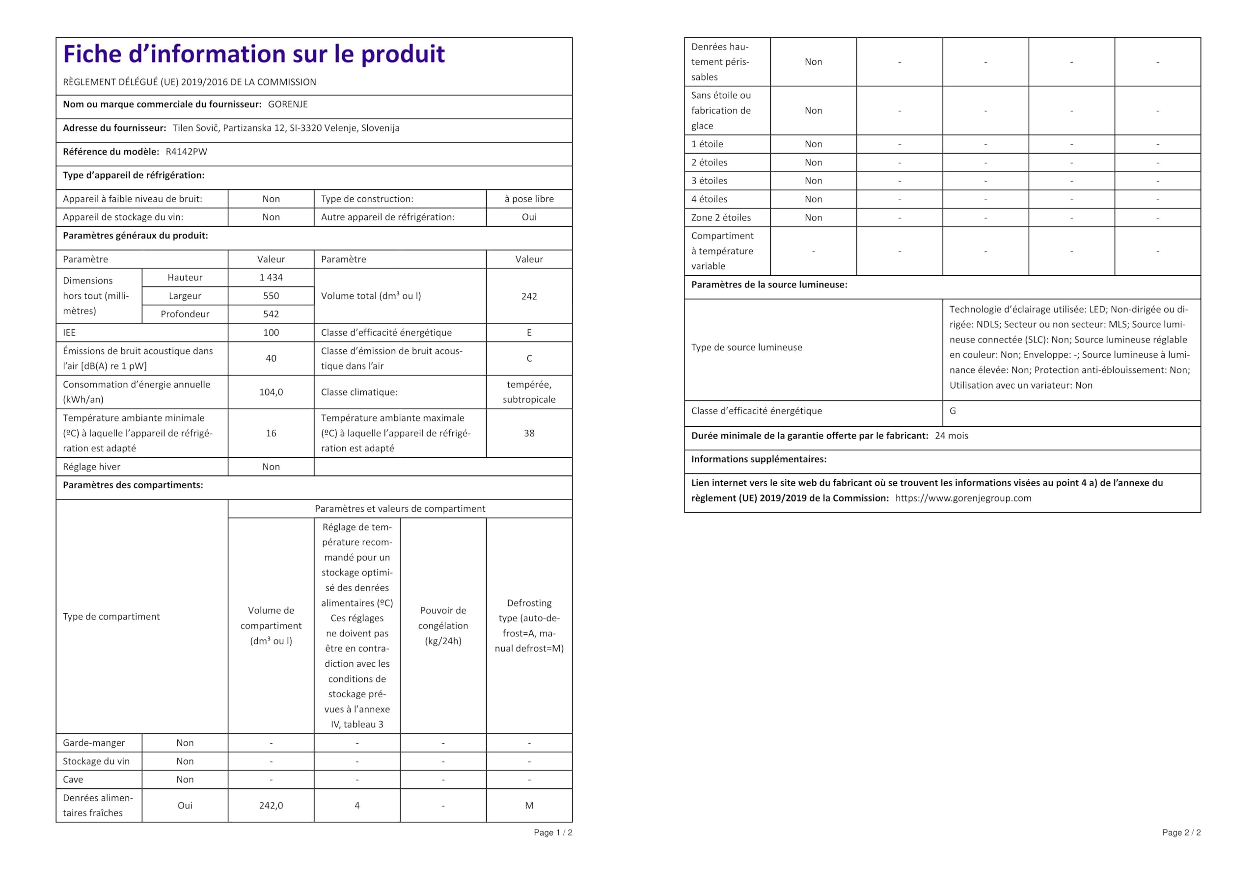 Gorenje R4142PW réfrigérateur Autoportante 242 L E Blanc