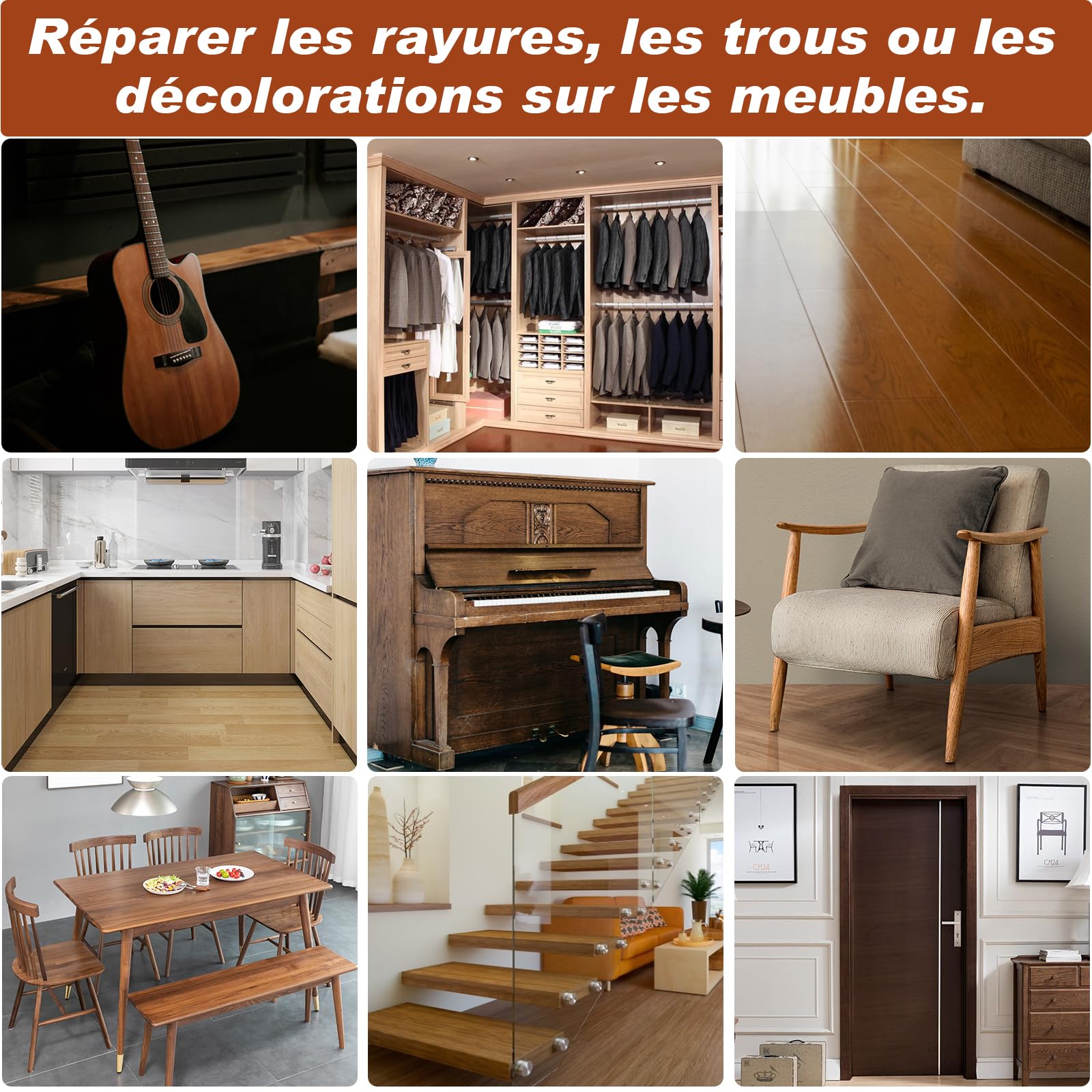 SEISSO Kit De Réparation De Meubles En Bois 39 Pièces, Pâte De Réparation De Mastic À Bois, Marqueurs De Retouche, Mastic À Bois Blanc, Huile De Cire, Pour Les Meubles En Bois, Les Planchers