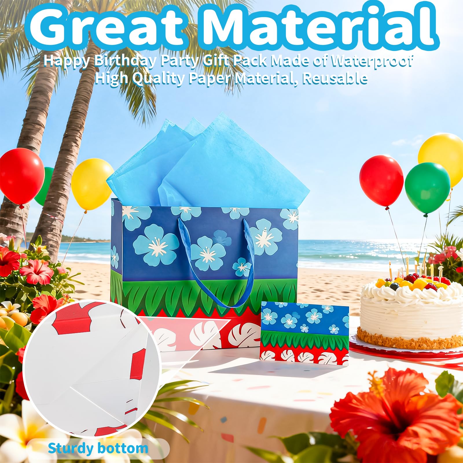 FUNCANDLE 13" Hawaiian Tropical Summer Floral Gift Bag with Greeting Card Tissue Paper, Cartoon Red Blue Treat Goodie Bags with Handle for Boys Girls Kids Friends Island Theme Candy Favor Supplies