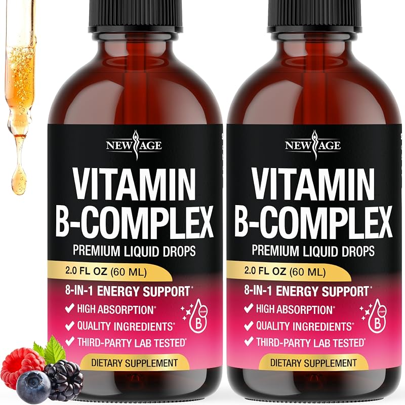 NEW AGE Complexo de Vitaminas B em gotas com ácido pantotênico, metilcobalamina, tiamina, piridoxina, biotina, ácido fólico e niacinamida — 2 frascos de 60 mL