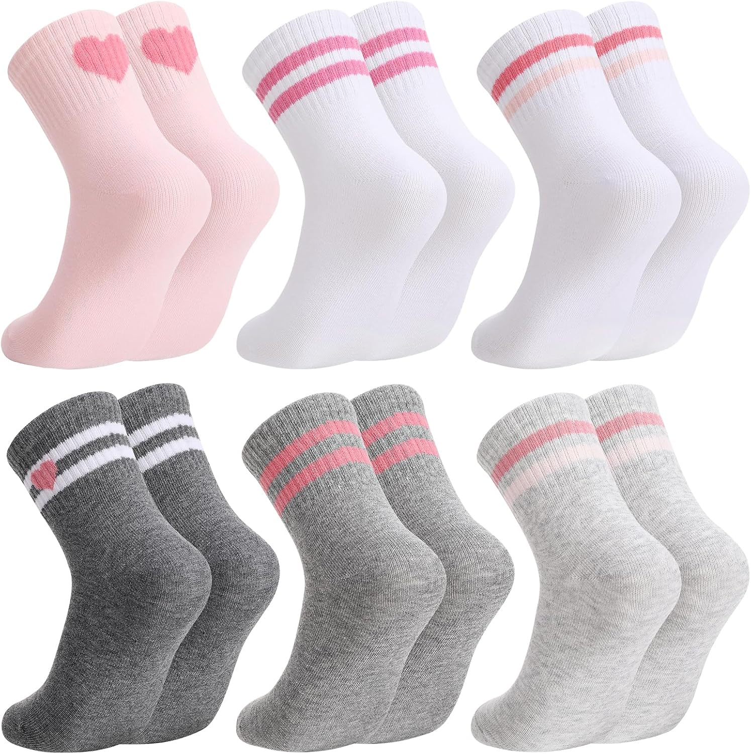 6 Pairs Girls Cute Cotton Crew Socks Striped Heart Bow Patterned Casual Socks for Kids Everyday Wear
