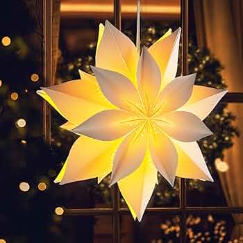 HOUÍSM Paper Star Lanterns With LED Lights - 27.6 Inch Christmas Hanging Decor