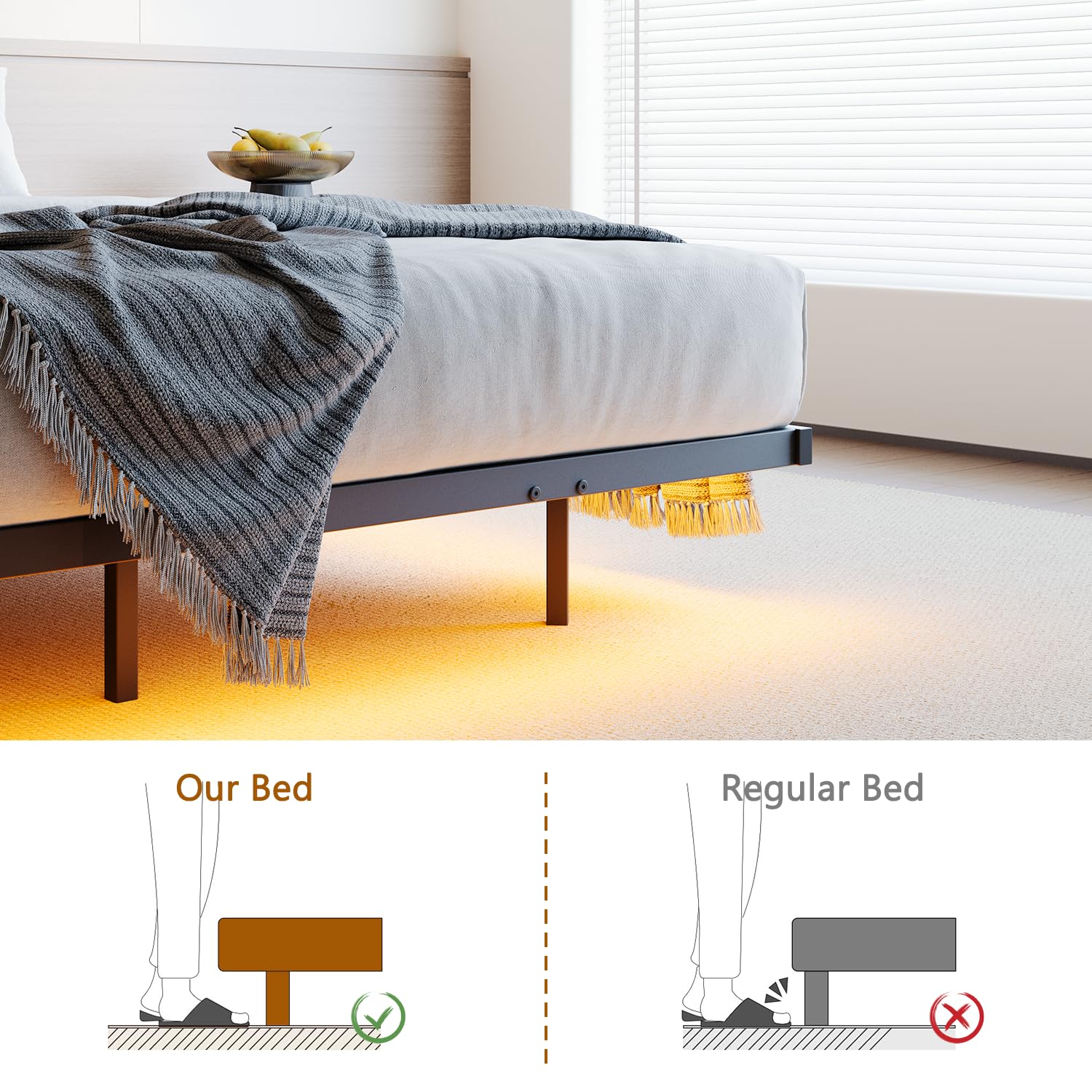 HOJINLINERO Bettgestell 140x200cm Bett mit LED Ladestation & Beleuchtung,Metallbett 140x200 mit Stauraum,Bettrahmen mit Lattenrost,Schwebender visueller Effekt