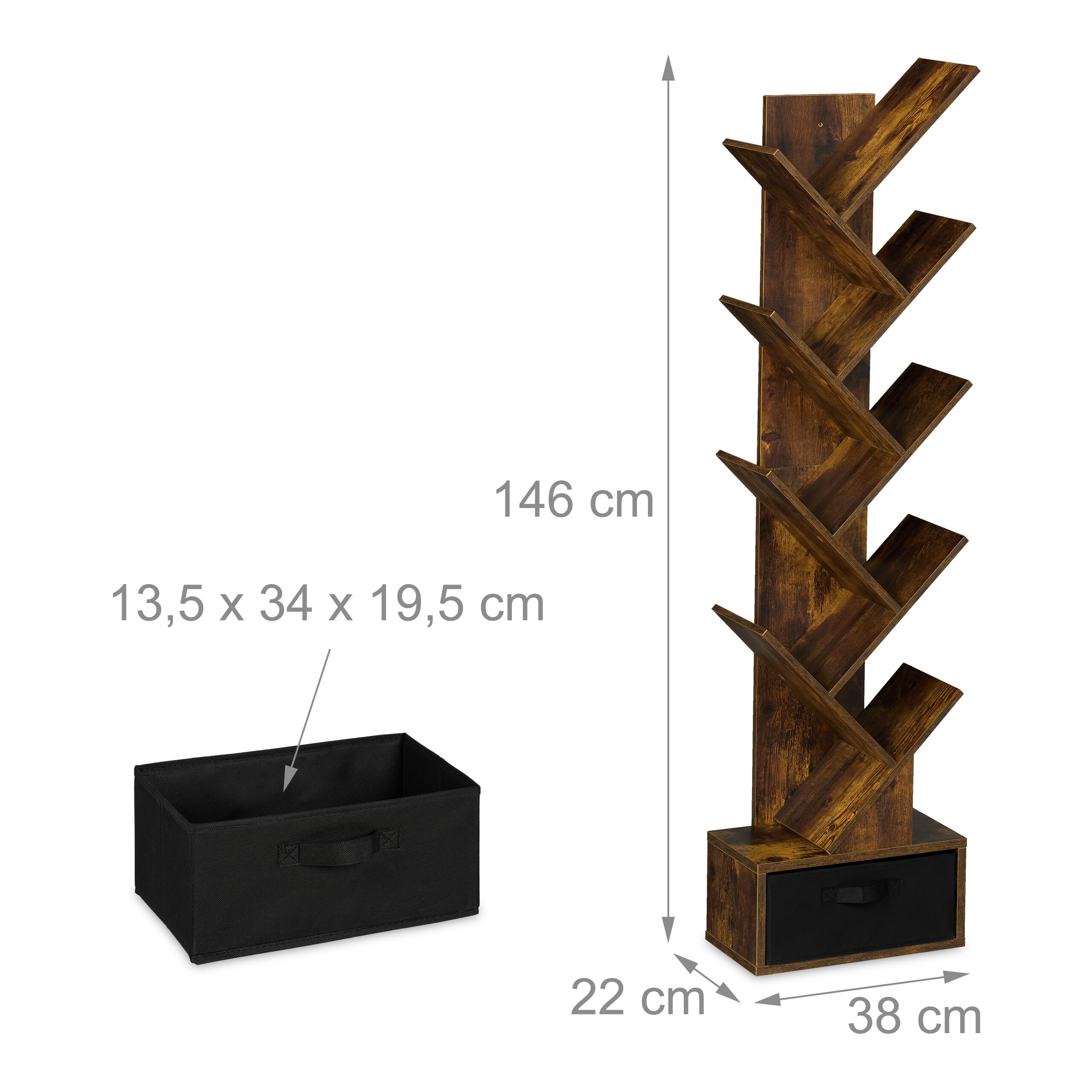 Relaxdays Scaffale Libreria, Mobile Stretto da Terra con 9 Ripiani ad Albero per Libri, CD e Dvd, 146x38x22 cm, Marrone