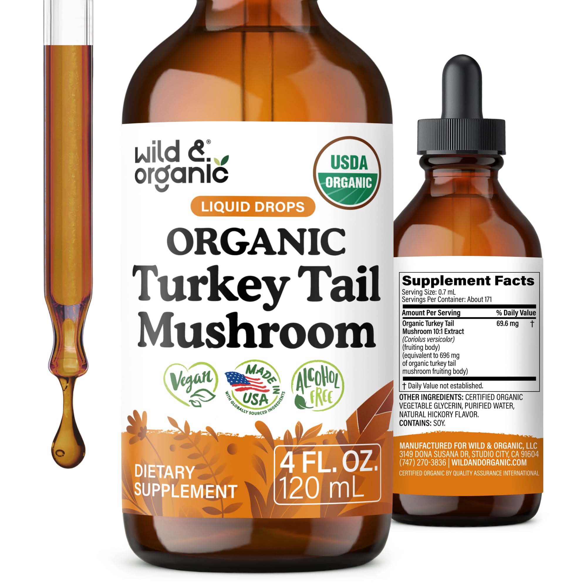 Wild & Organic Turkey Tail Mushroom Tincture - Σταγόνες στήριξης του ανοσοποιητικού με εκχύλισμα ουράς Τουρκίας - Συμπλήρωμα υγρού μανιταριών για την υποστήριξη των ούρων - Vegan, Sugar & Alcohol-Free - 4 fl oz