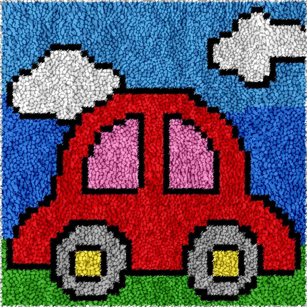 Yglnden Latch Hook Kit DIY Throw Cover Crochet Needlework Printed Canvas Decor for Adults (Car:30x30cm/12 X12)