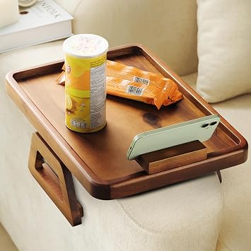 Tinamo 15.7" x 11" Large Couch Arm Table with 360 Rotating Phone Holder - Sofa Arm Clip Table for Living Room - Sofa Armrest Tray Wide Couches - Wooden Side Tables for Eating and Drink Acacia Wood