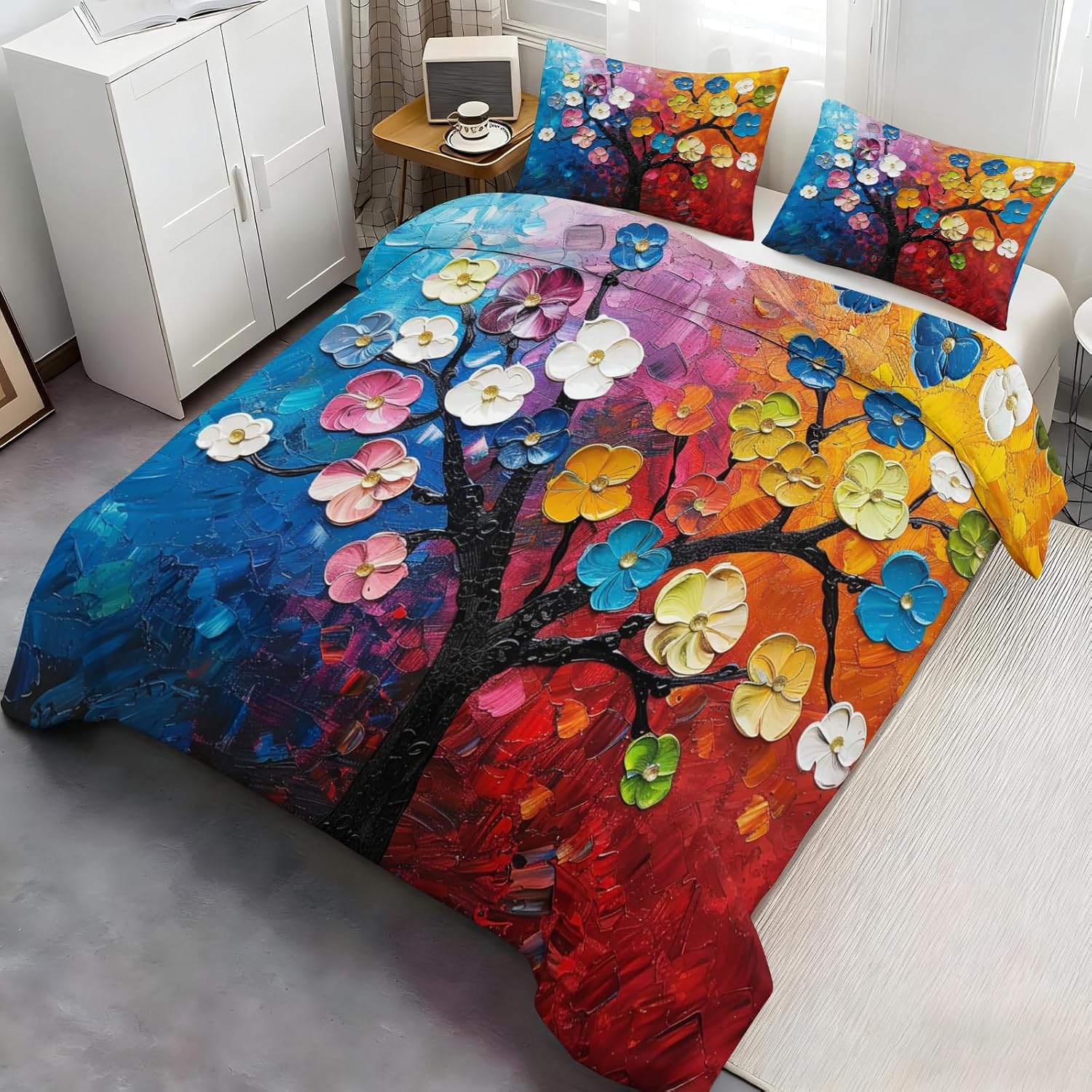 California King Duvet Cover and 2 Pillowcase, Floral Comforter Set Vibrant Flower Bedding Set 3 Piece, Cute Mushroom Duvet Cover with Zipper Ties (NO Comforter)