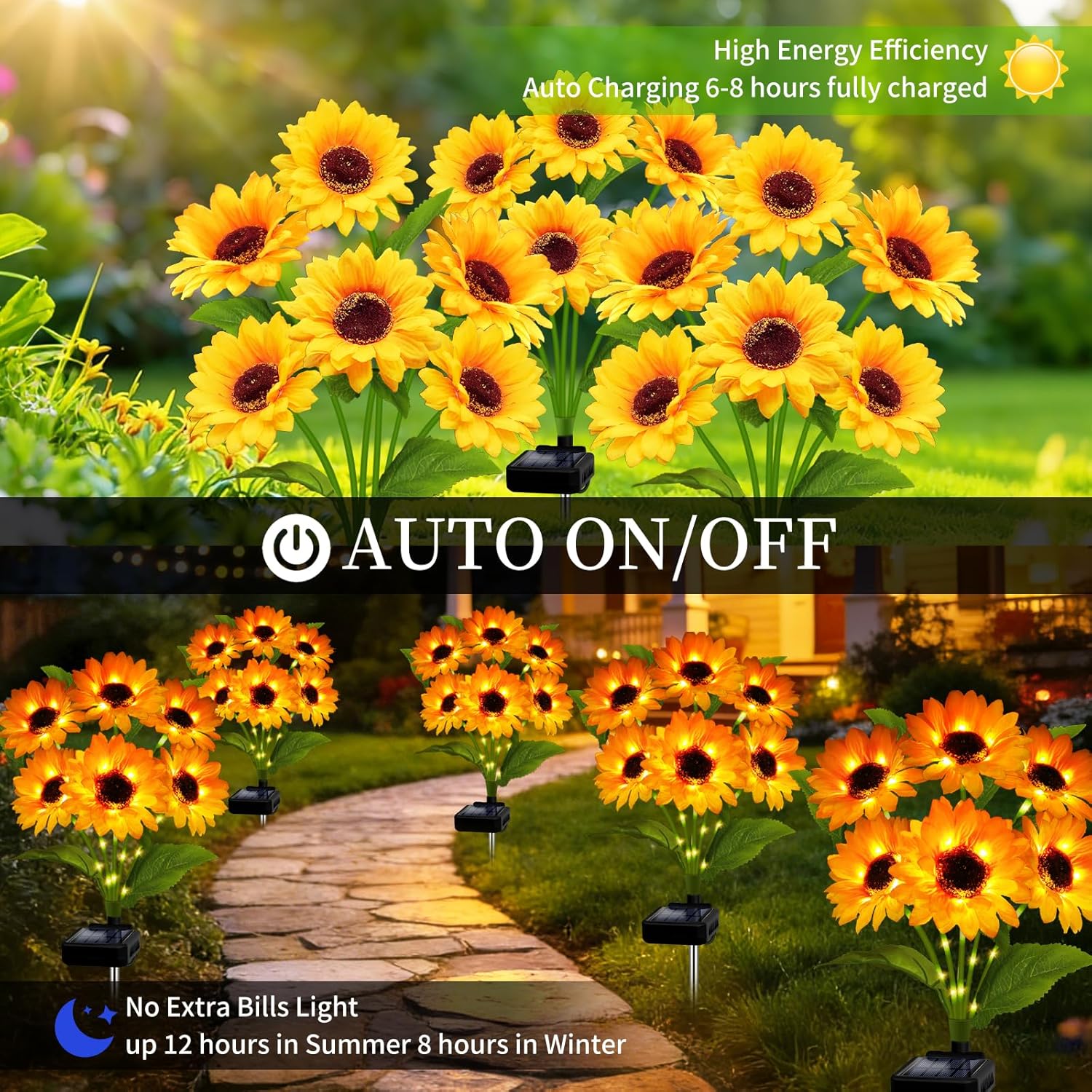 Solar Garden Lights Outdoor, 4 Pack Solar Sunflower Lights with 18 Head 3.4 Inch Flowers, Waterproof Flowers Light Fall Decor Auto ON/Off for Garden Yard Patio Backyard, Gifts for Mom Women