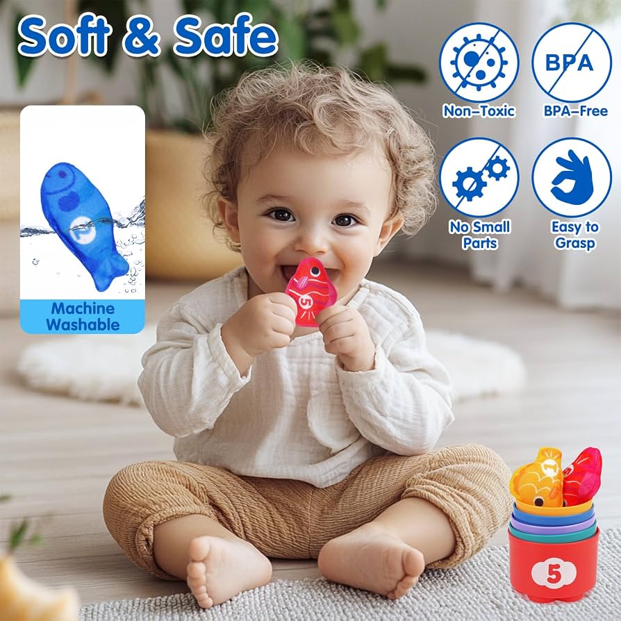 Jenilily Montessori Fishing Game Toy For 1 Year Olds - Soft Cloth Fish With Pole & Ocean Mat, Baby Stacking Cups (6-18 Months)