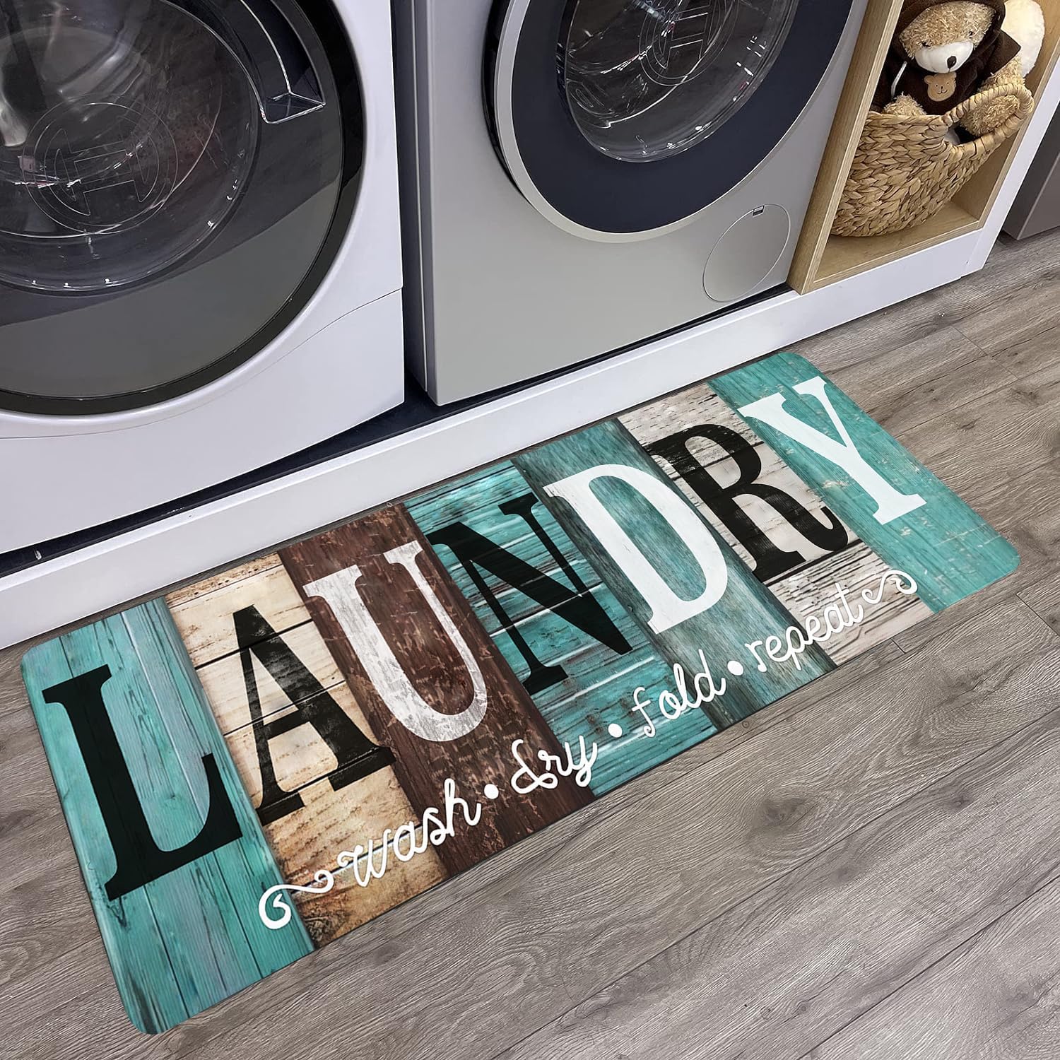 Laundry Room Rug Runner 20"X59"Teal and Brown Abstract Wood Non Slip Laundry Rugs and Mats for Laundry Room Decor Washable Runner Rugs for Farmhouse Kitchen Floor Laundry Bathroom Area Rugs