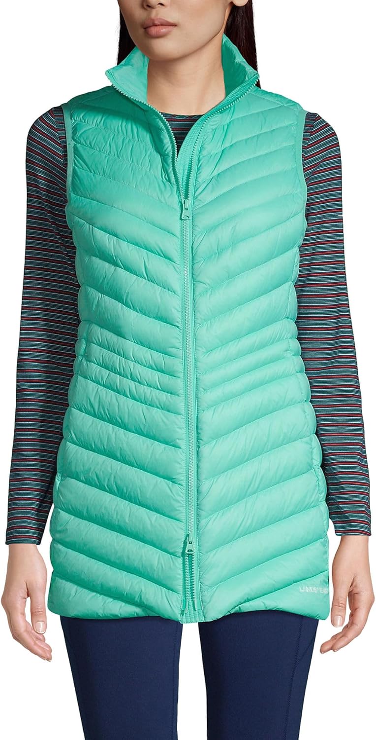 Lands' End Womens Chevron Long Wanderweight Down Vest Aqua