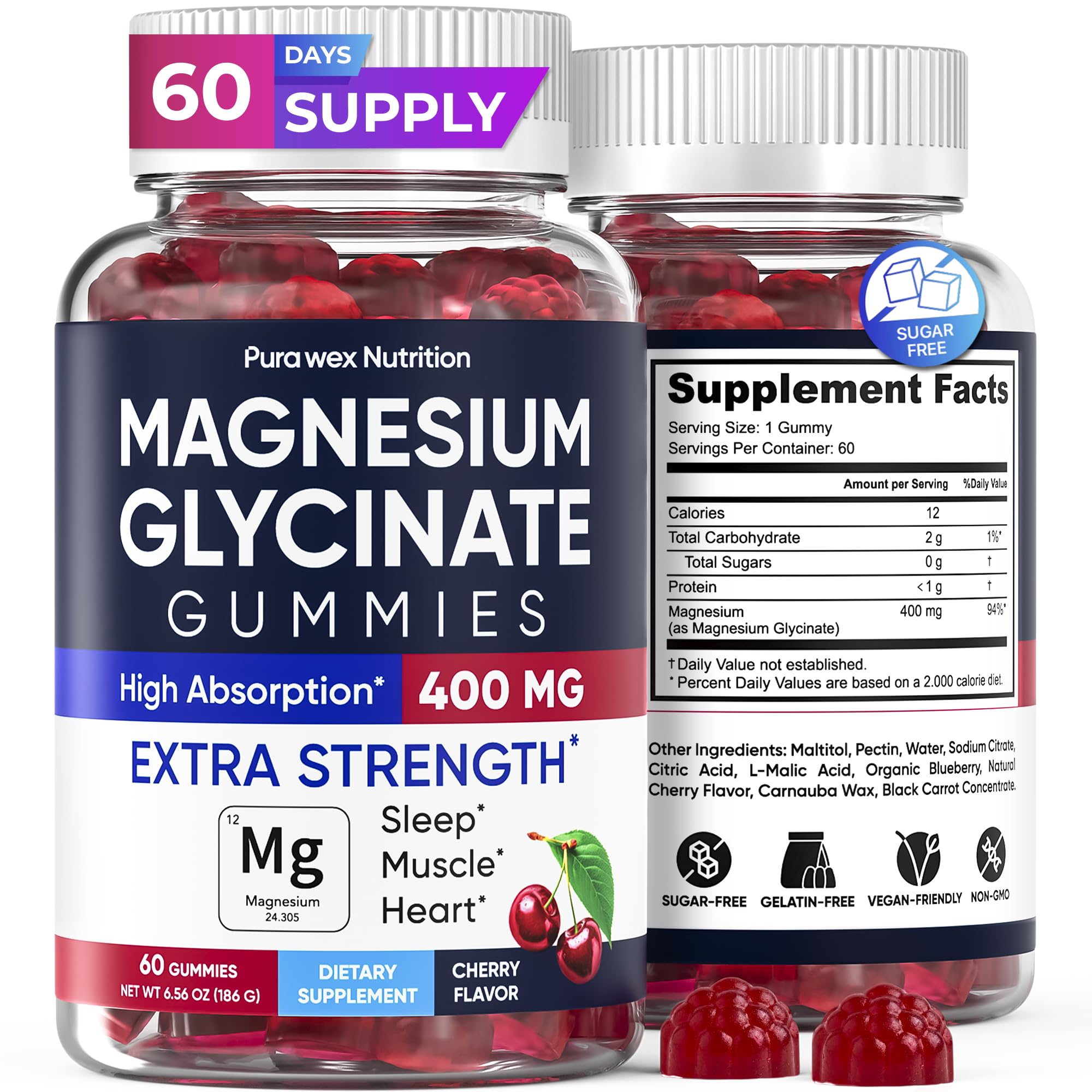 Magnesium Glycinate Gummies 400mg Extra Strength, Cherry Flavor (60 Count) - High Absorption Supplement for Adults, Kids, Women & Men, Muscle & Relaxation, Sugar-Free Vegan Non-GMO Chews 1Pack (Cherry)