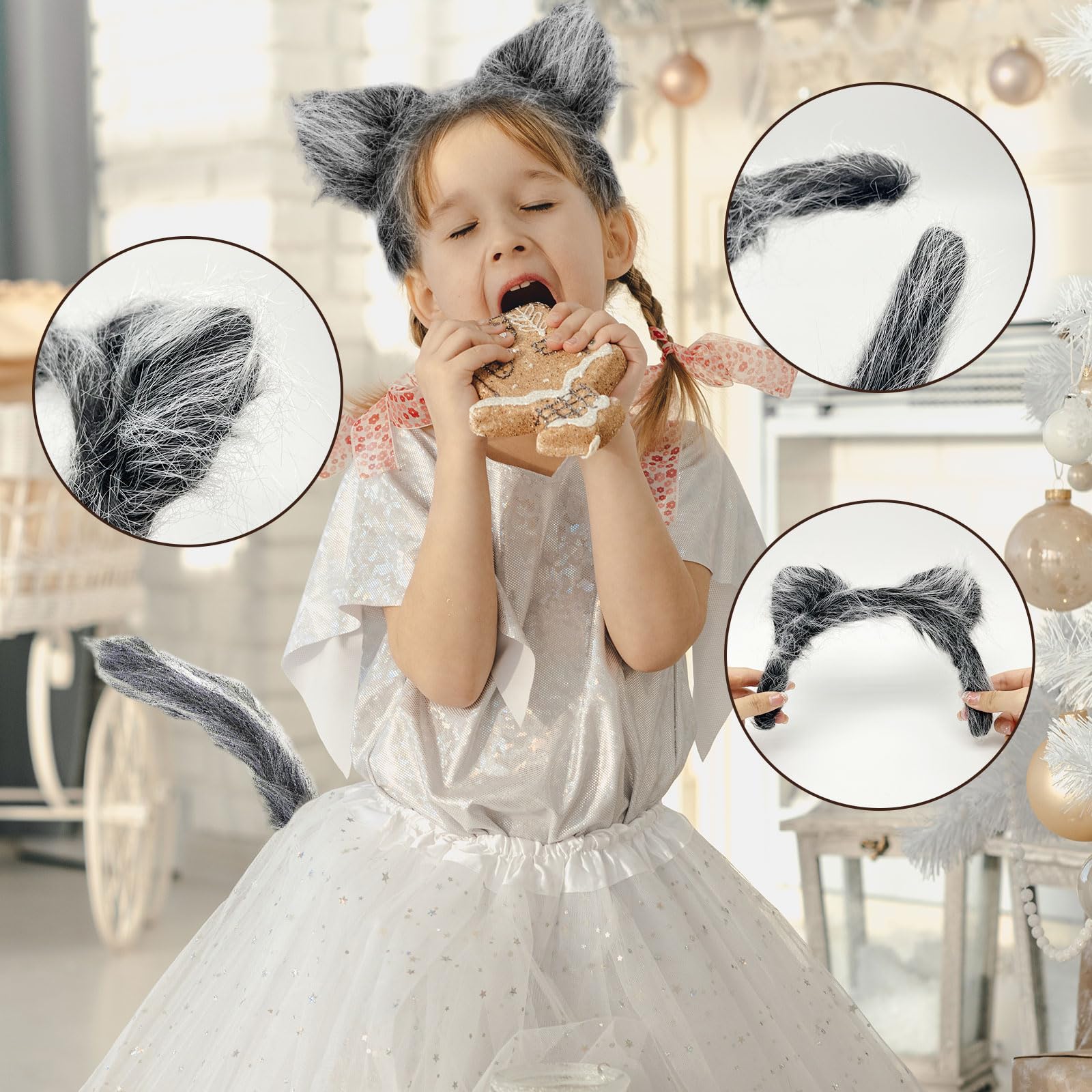 UILYNIU 2Pcs Grey Wolf Costume Accessory Set, Wolf Ears Headband & Tail for Kids & Adults - Image 4