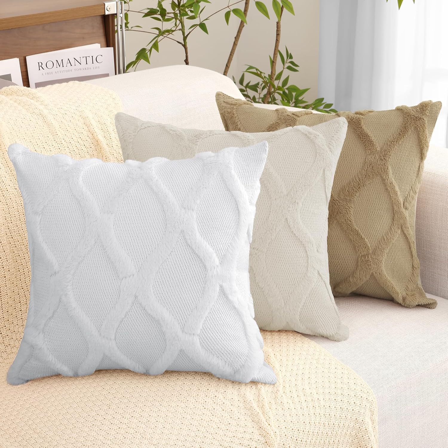 decorUhome Summer Throw Pillow Covers 20x20 Inch Set of 2, Soft Plush Faux Fur Wool Khaki Accent Couch Pillow Covers for Modern Farmhouse Bed Sofa Living Room