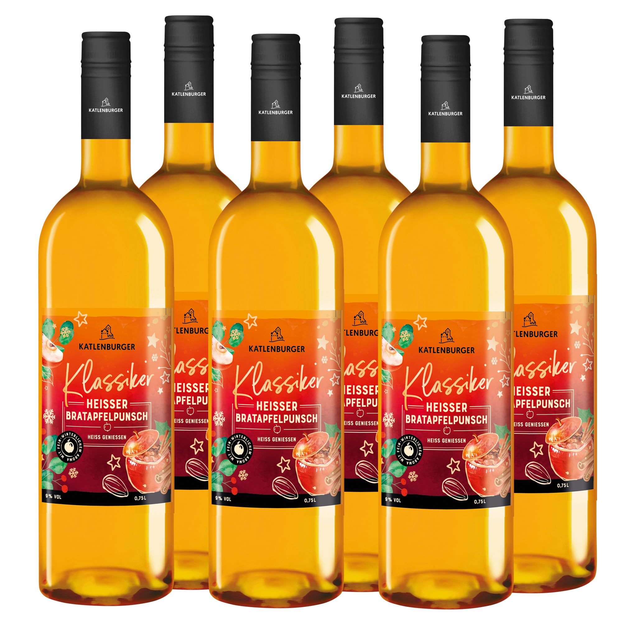 KATLENBURGER - Heißer Bratapfelpunsch | Fruchtpunsch aus Fruchtwein, Apfelsaft, winterlichen Gewürzen und Marzipanaroma. Nicht nur in der Winterzeit ein heißer Klassiker. Inhalt: 6x 750ml und 9% vol.