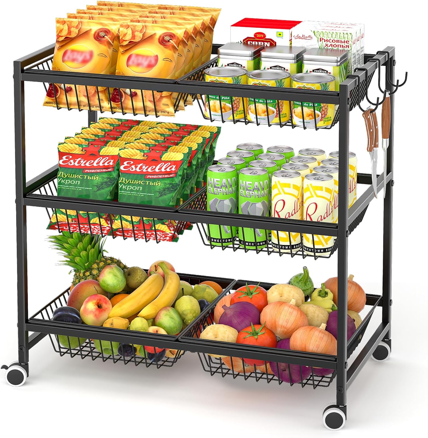3-Tier Rolling Pantry Floor Organizer Cart with 6 Detachable Baskets, Metal Wire Fruit Basket Stand with Wheels, Kitchen Storage Cart for Fruit Vegetables, Snack Cart for Pantry Kitchen Living Room