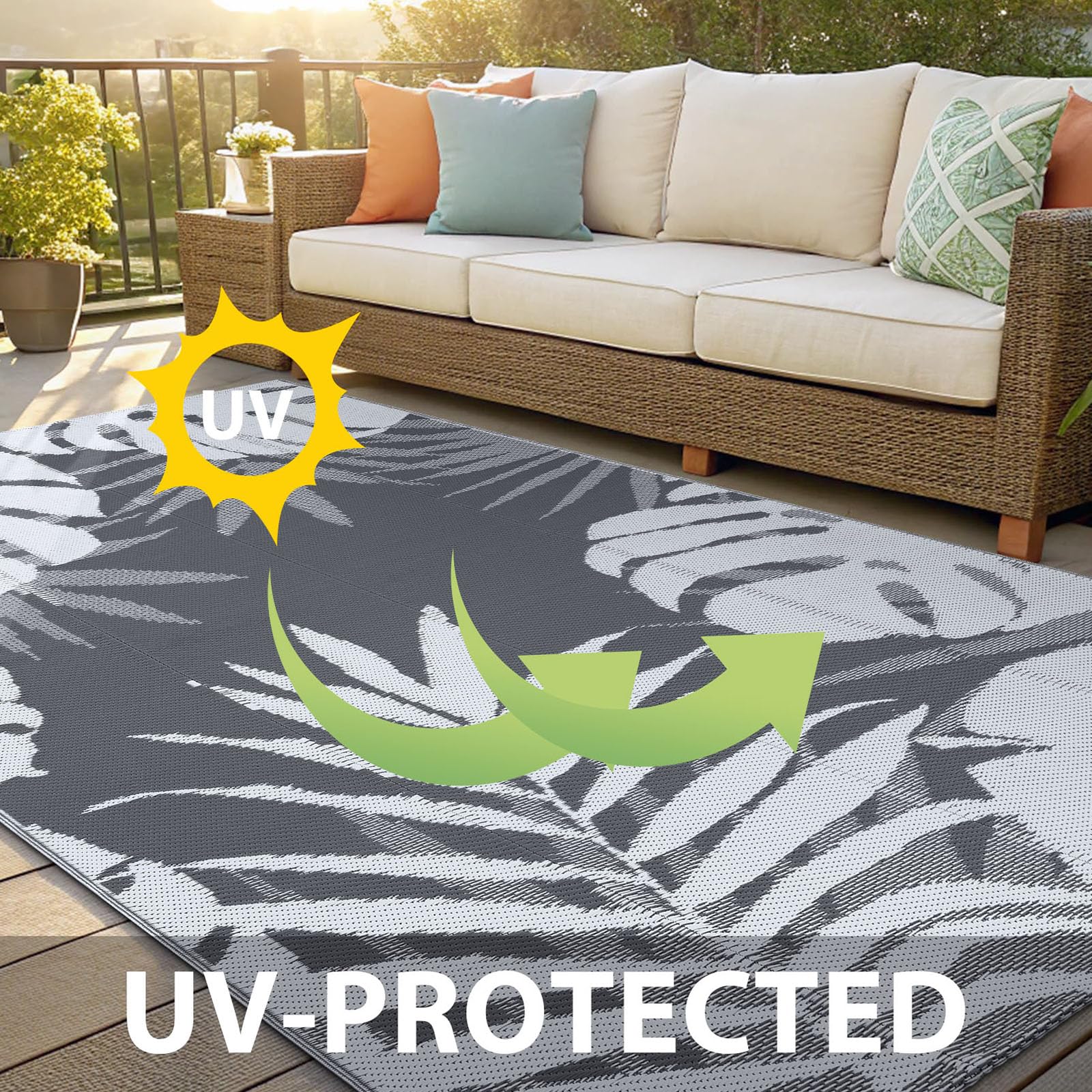 Homaxy Alfombra impermeable para exteriores, antideslizante, reversible, de plástico, para jardín, fácil limpieza, para camping, patio, playa, picnic, patio trasero, 270 x 360 cm, blanco y gris
