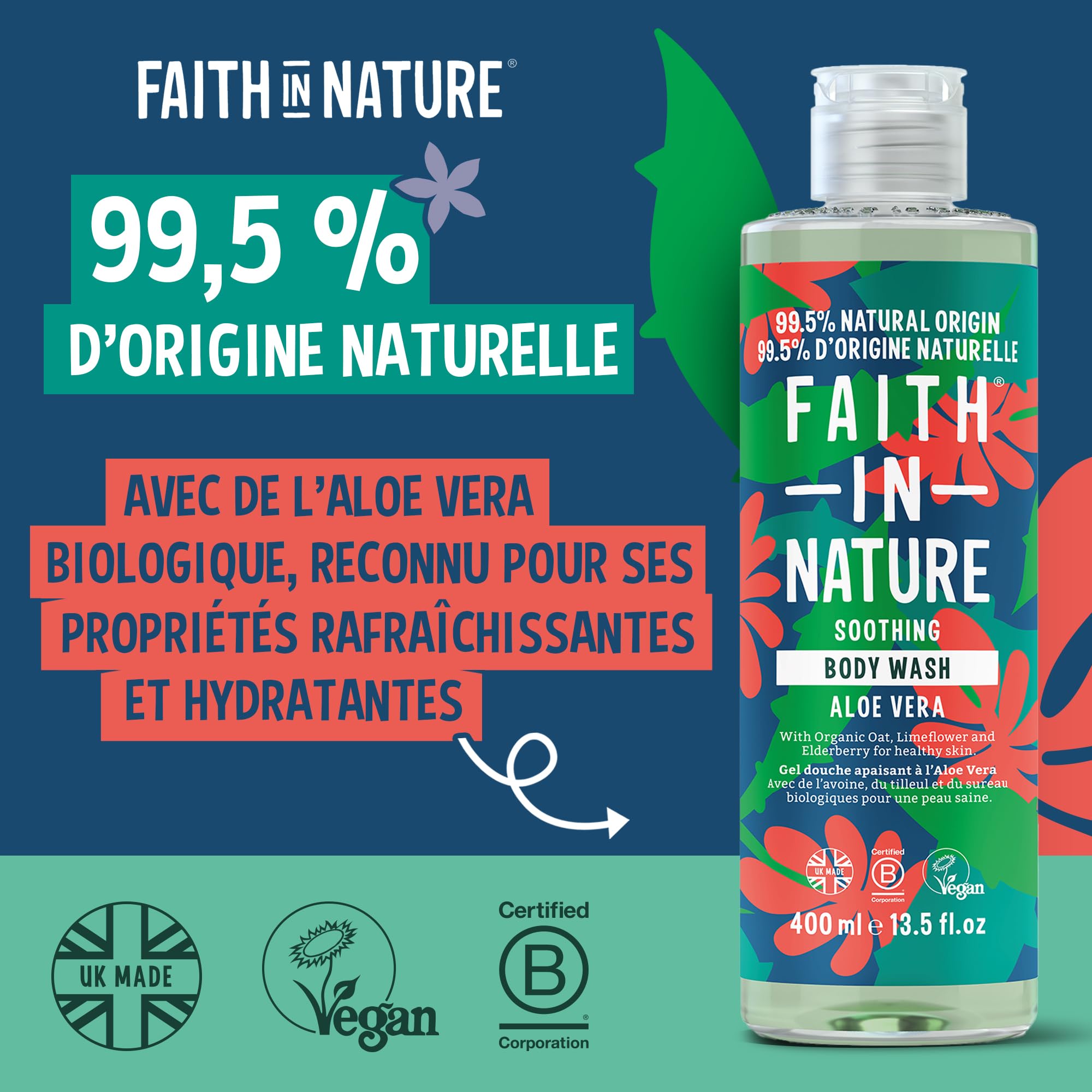 Faith In Nature Gel Douche Naturel à l’Aloe Vera – Nettoyant Corps Apaisant, Végan & Non Testé sur les Animaux, Sans SLS ni Parabènes, 400 ml