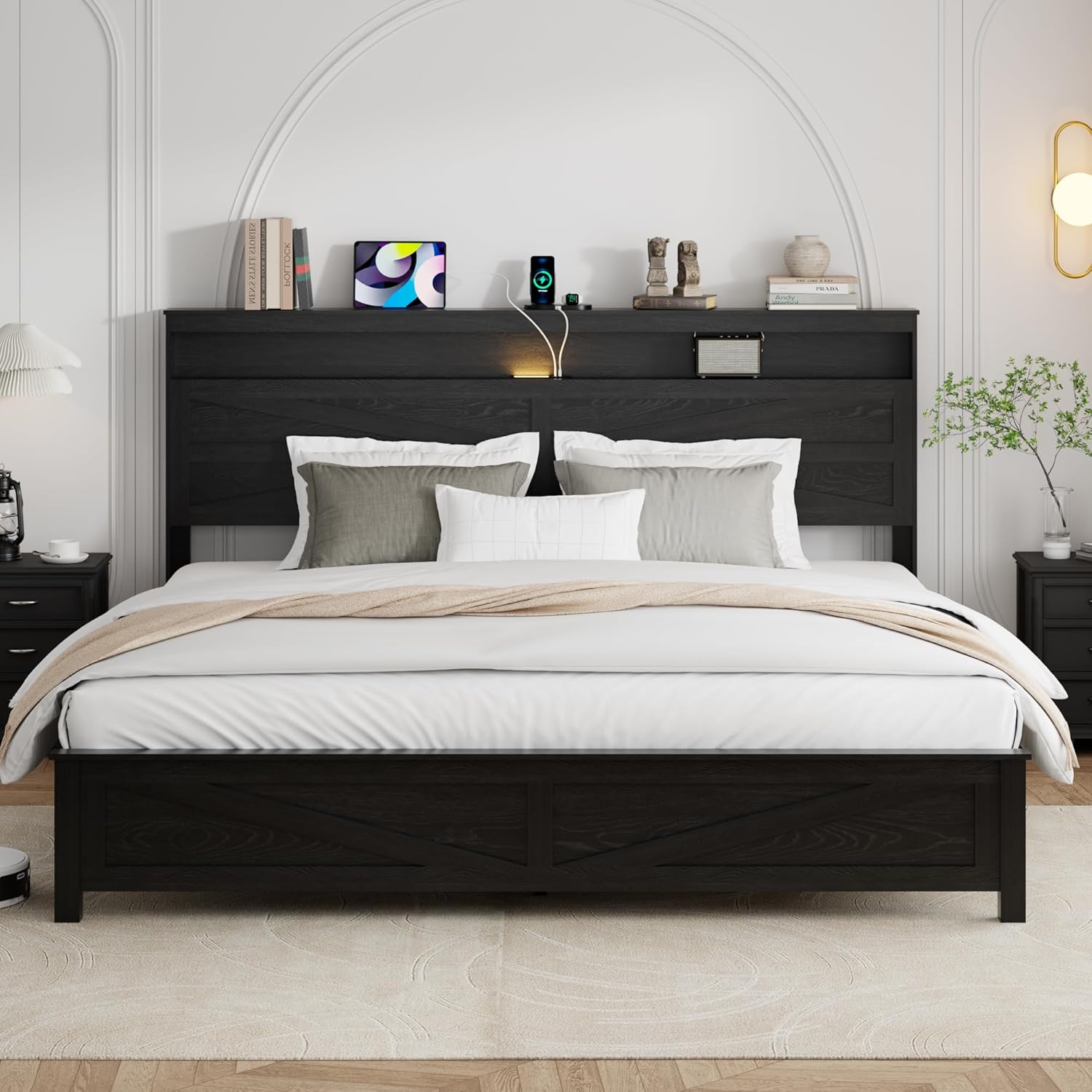 King Size Bed Frame with Headboard, Rustic Farmhouse Wood Bed Frame with LED Lights and Charging Station, Easy Assembly, No Box Spring Needed (Black, King)