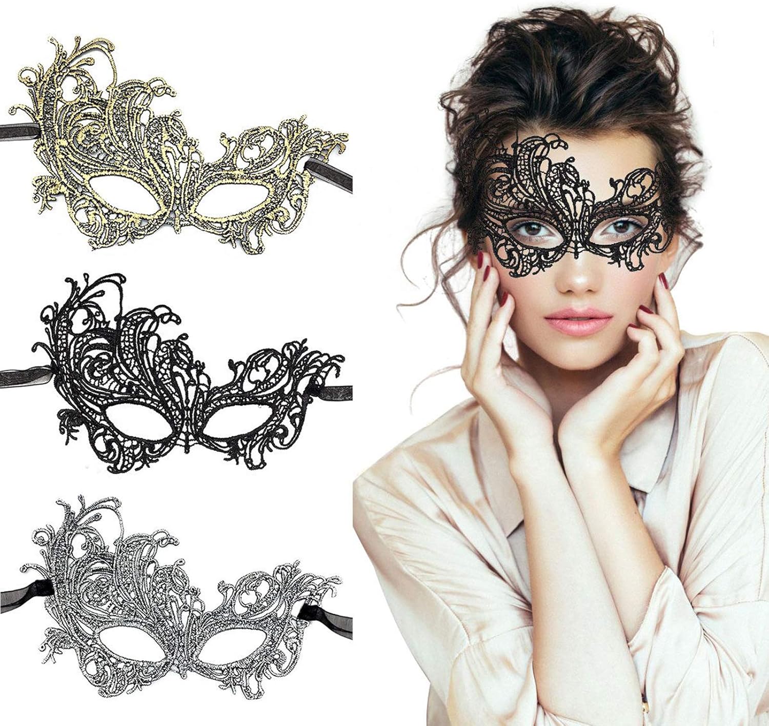 TreatMe Masquerade Mask - 3 Pack Women Venetian Mask Pretty Elegant Lady Lace Masquerade Halloween Mardi Gras Party : Clothing, Shoes & Jewelry