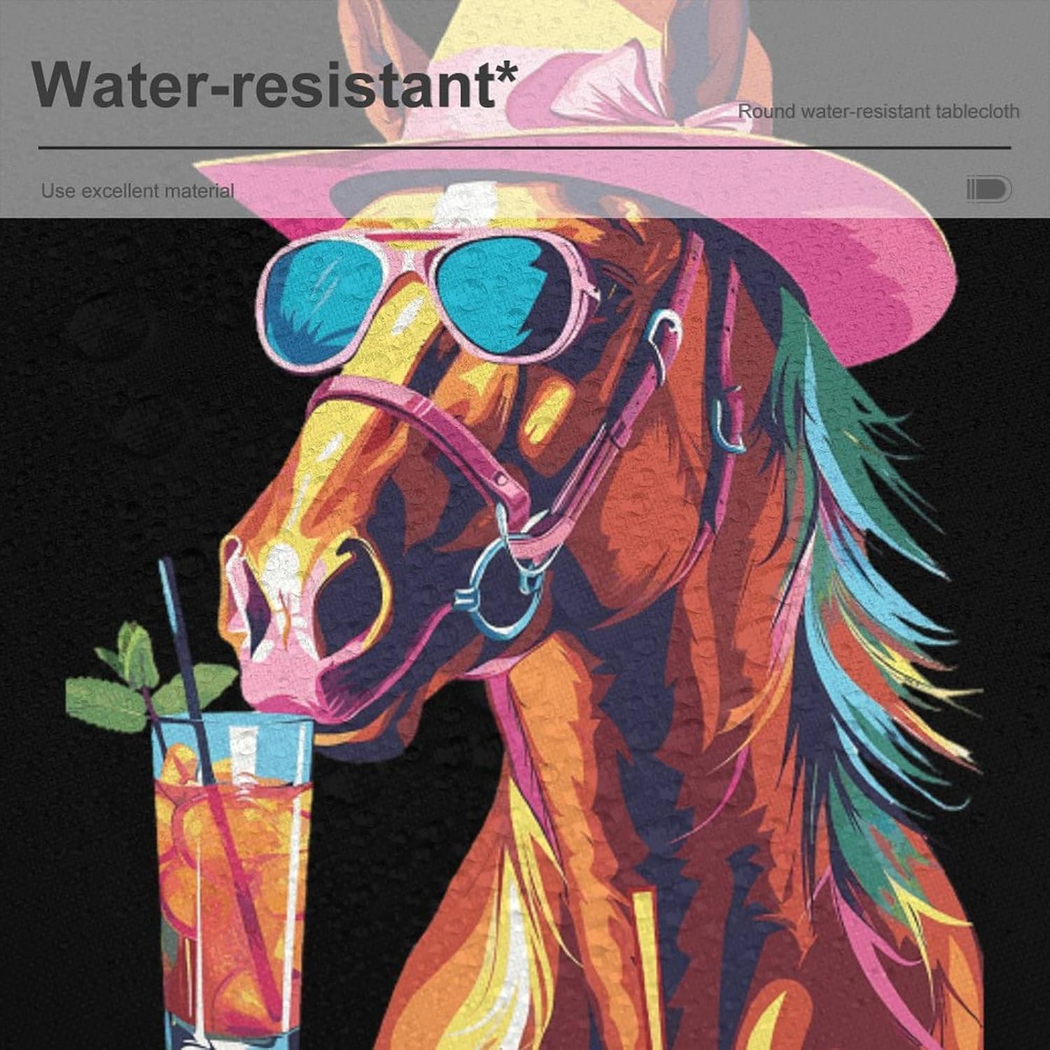 Funny Horse Beach Party Table Cloth Round Cover Tablecloth Washable Tabletop Decor 60 Inch